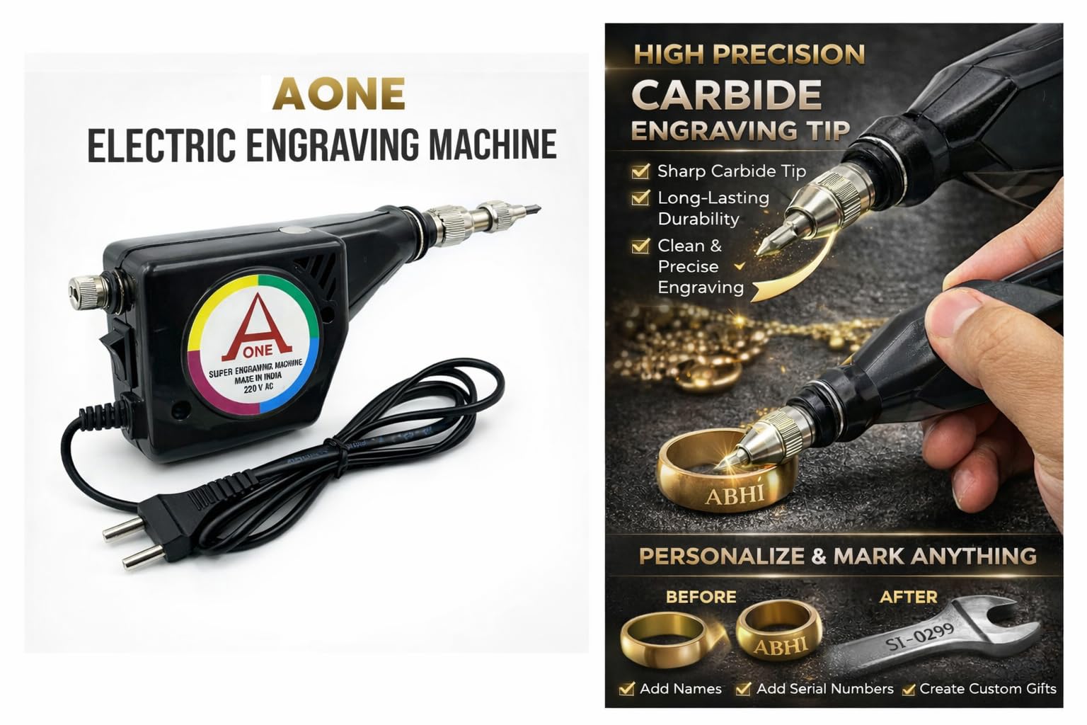 Aone Handy Electric Carbide Tip Engraving Machine to Engrave/Scribe/Etching on Metal, Plastic, Leather Vibrating Type Multipurpose for Vessels, Utensils, Jewellery/Model Making, Hobby Craft DIY