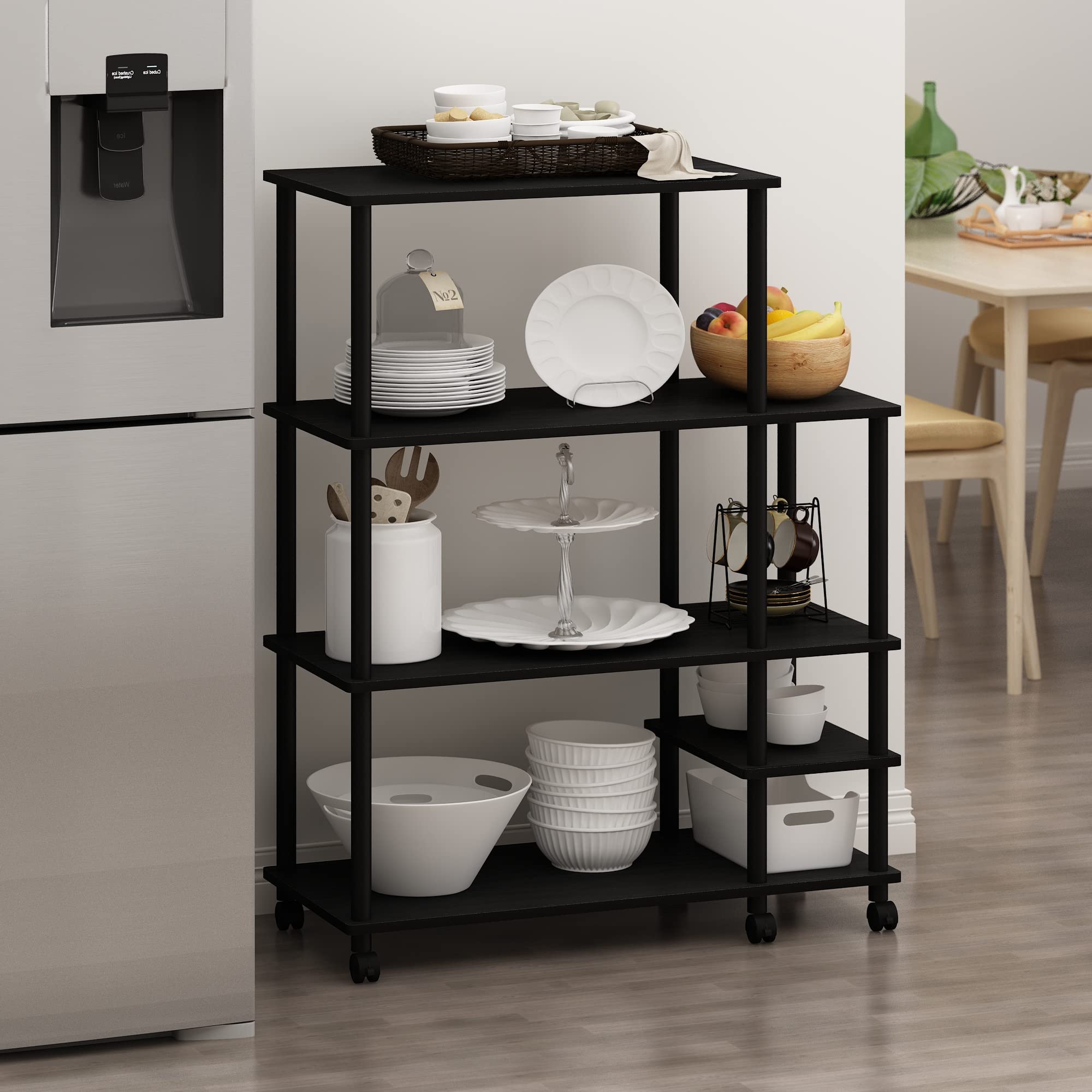 Furinno TURN-N-TUBE Bakers Rack with Wheels, 4-Tier Kitchen Storage Cart, Kitchen Cart, Coffee Bar, Pantry Organizers and Storage, Dark Americano