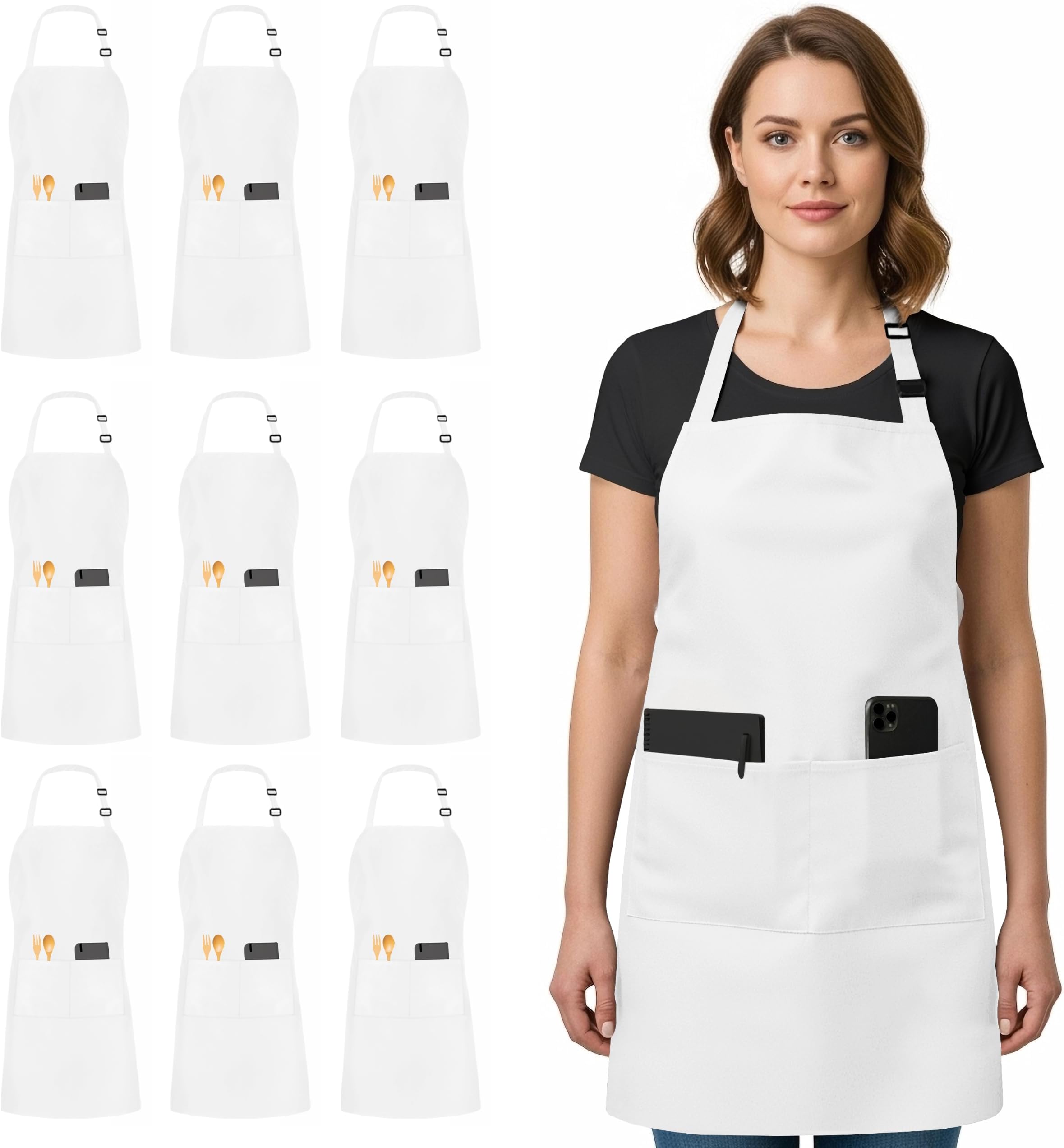 Bib Aprons 10 Pack Adjustable With 2 Pockets 100% Polyester
