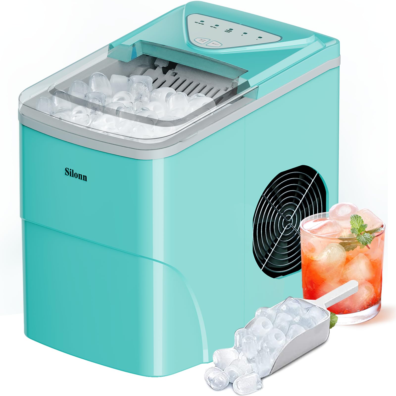 Silonn Ice Makers Countertop, 9 Cubes Ready in 6 Mins, Self-Cleaning Ice Machine with Ice Scoop and Basket, 26lbs in 24Hrs, 2 Sizes of Bullet Ice for Home Kitchen Office Bar Party, Green | Fridge.com