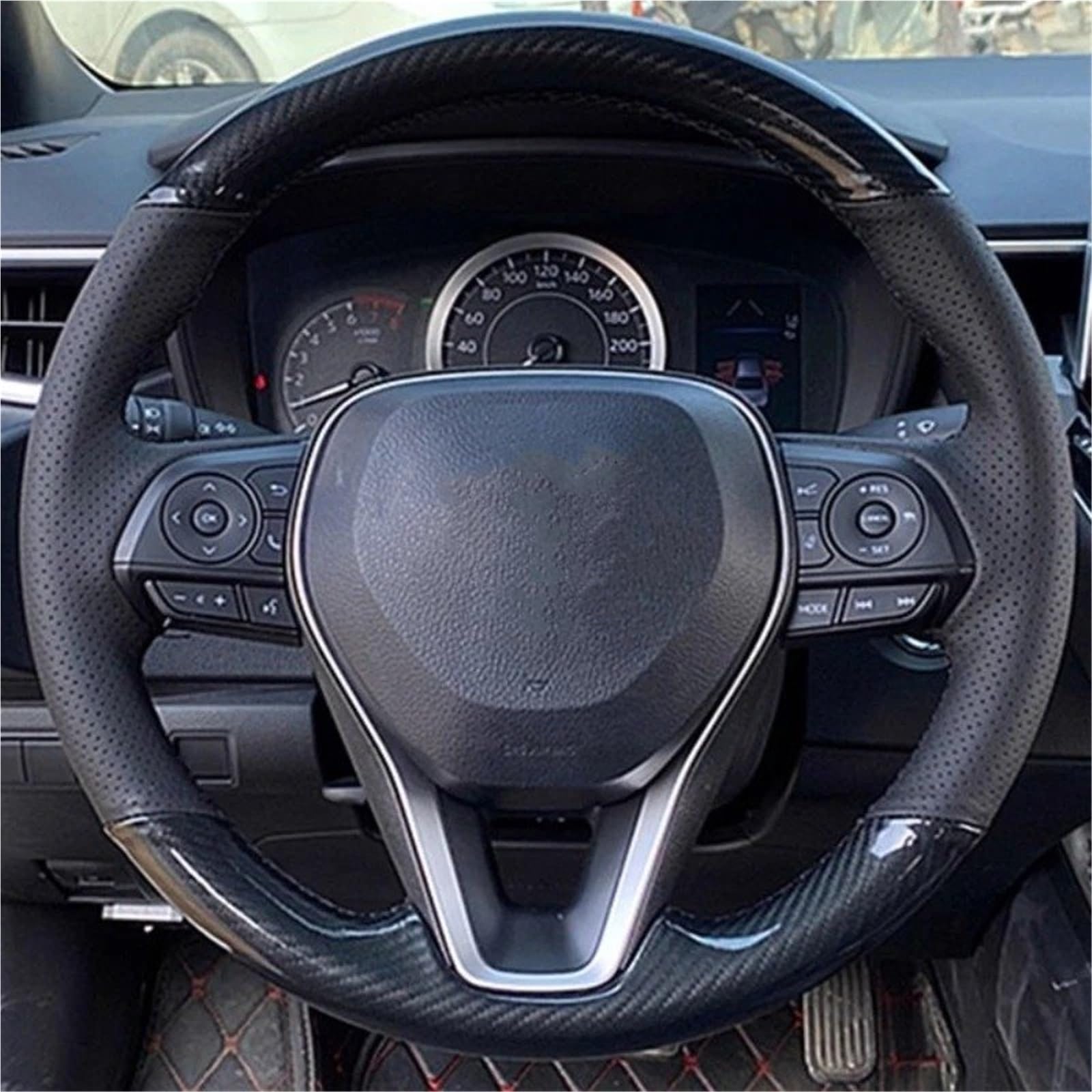 Funda para Volante De Coche para Toyota para Avalon para Camry para Crown para RAV4 2018-2022 Protector para Volante de Coche Cuero Genuino Blanco y Punto