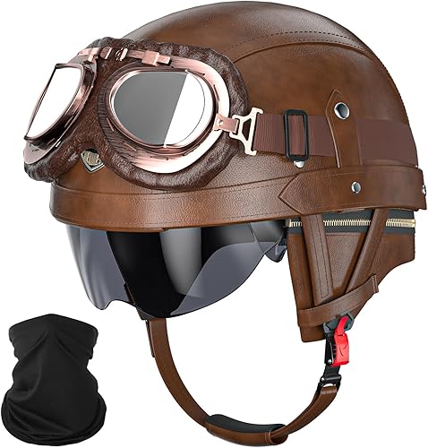 Casco de motocicleta de estilo alemán, aprobado por DOT, de cuero, vintage, novedoso, medio casco para motocicleta con gafasvisera, forro