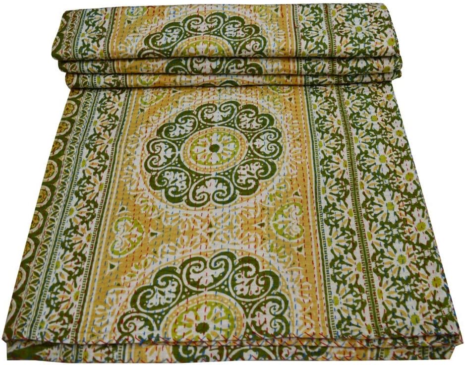 V Vedant Deisgns Suzani Print Queen Cotton Kantha Quilt Bedspread Indian Handmade Throw, 90x108 Inch, Yellow