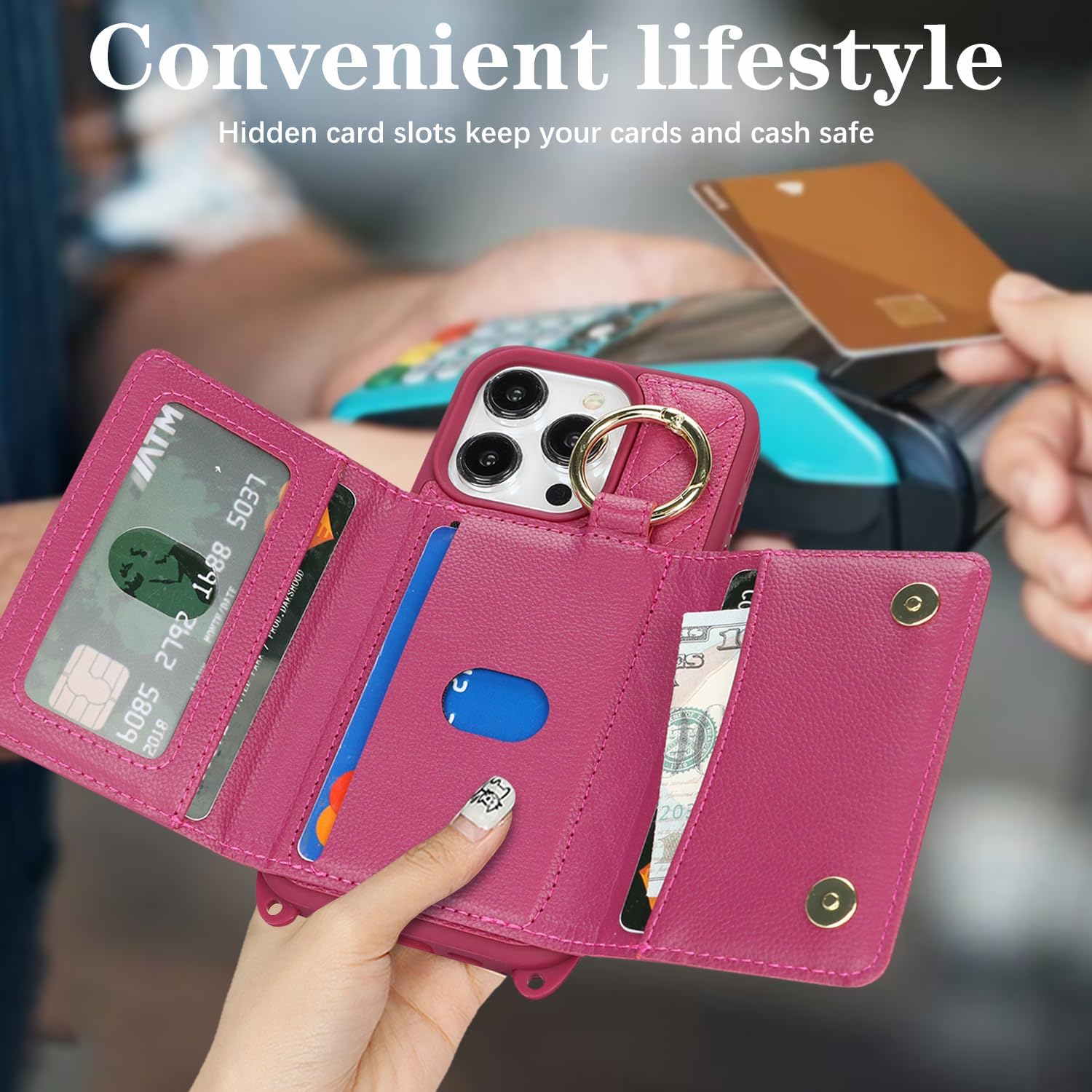 for iPhone 15 Pro Case with Card Holder and Strap for Women,Crossbody Lanyard, Make Up Mirror,Ring Stand,Snap Clasp,Cute Phone Wallet Cases 6.1 inch - Rose red