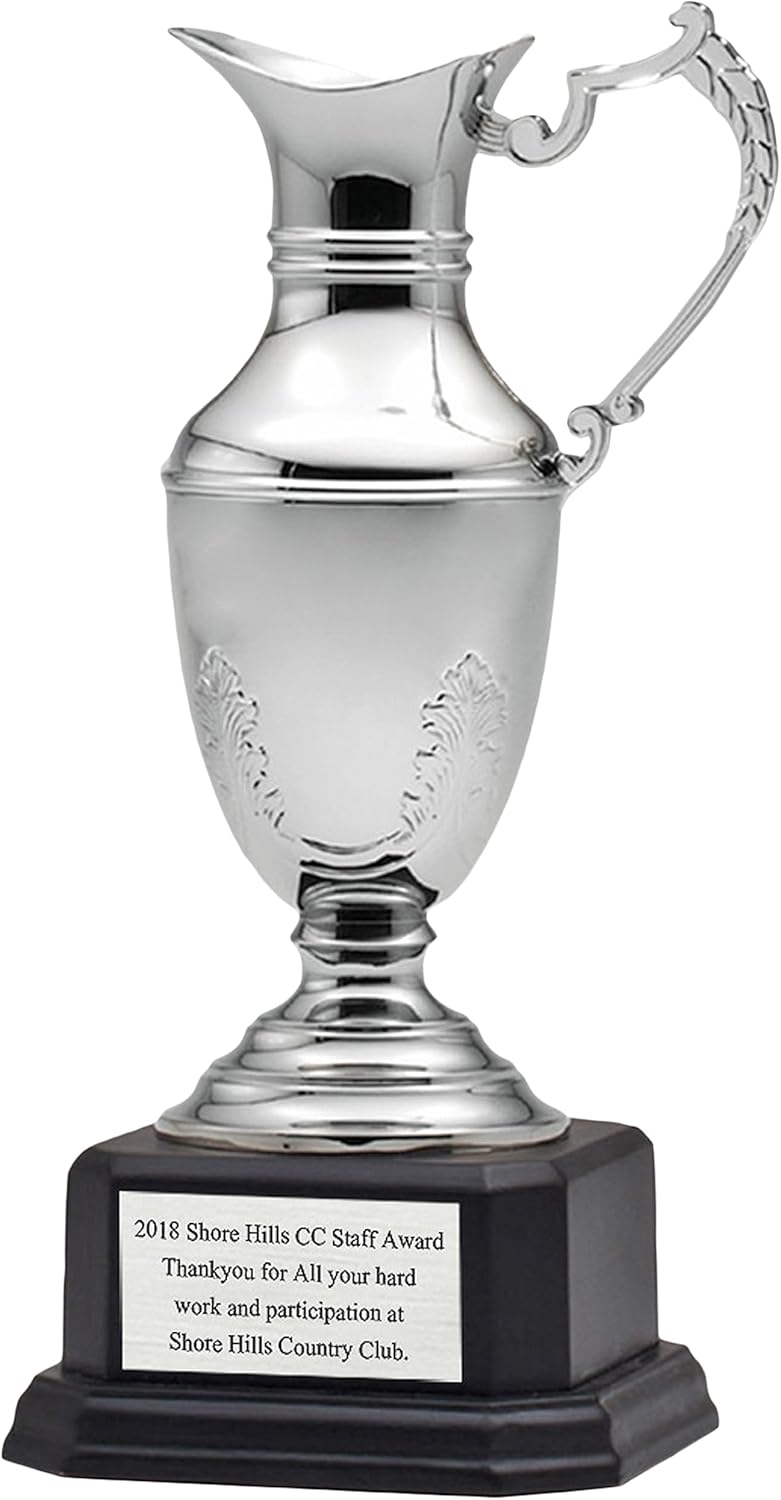 SHOP AWARDS AND GIFTS Customizable 10 Inch Nickel Plated Silver Claret Jug Trophy on a Black Base, Includes Personalization
