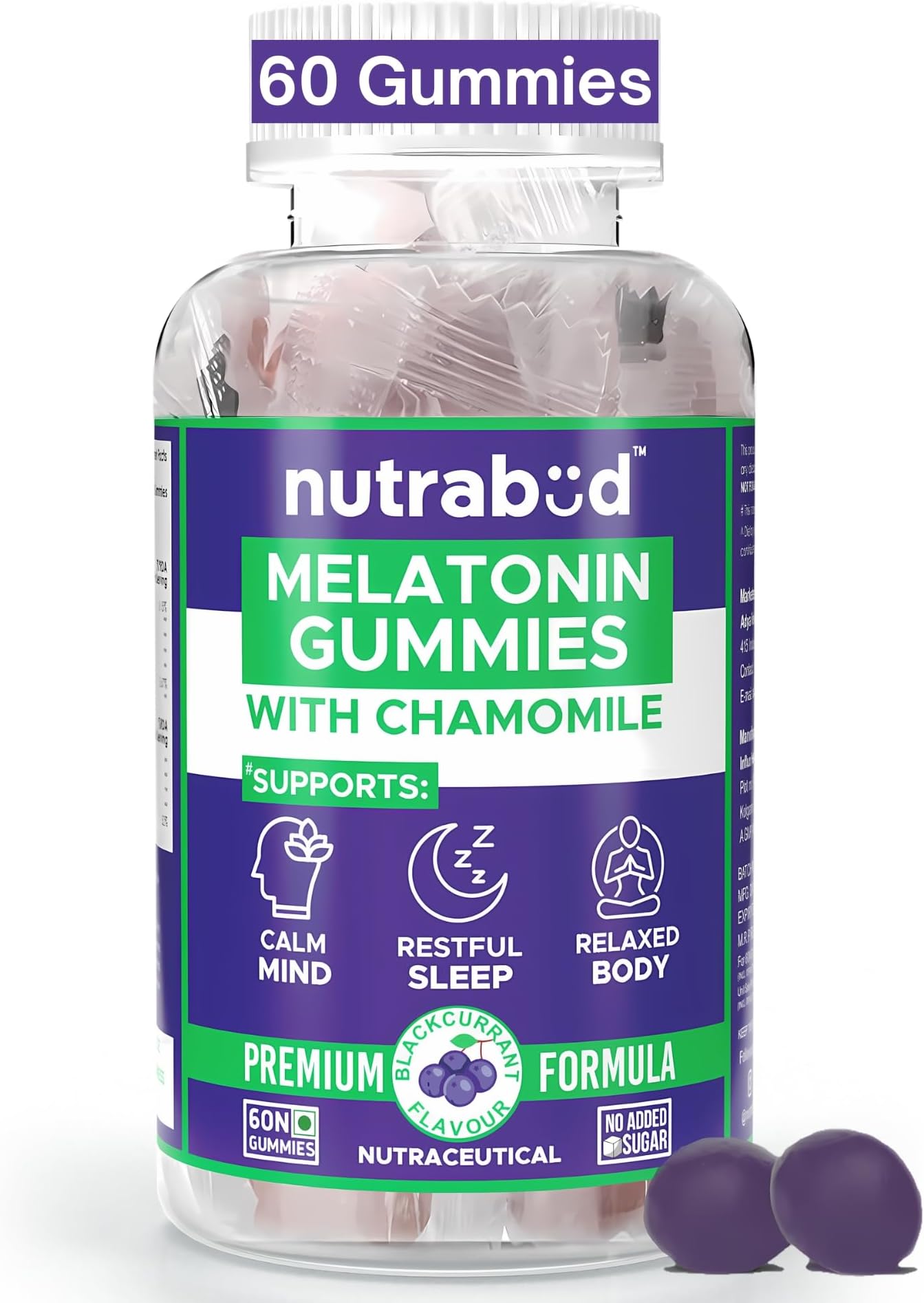 Nutrabud Melatonin Sleep Gummies 3mg For Men, Women | No Added Sugar | Fall Asleep Fast & Restful Deep Sleep | Blackcurrant Flavor Veg Gummy Supplement (60 Count (Pack of 1))