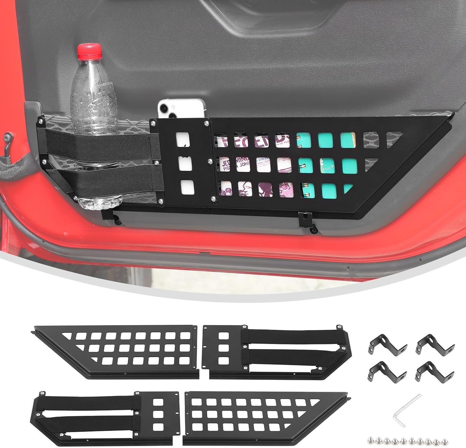 Linskip Front Door Pocket Molle Panels Compatible with 2018-2025 Jeep Wrangler JL JLU 4XE & 2020-2025 Gladiator JT Accessories, Door Cup Holder Storage Organizer(Pair)