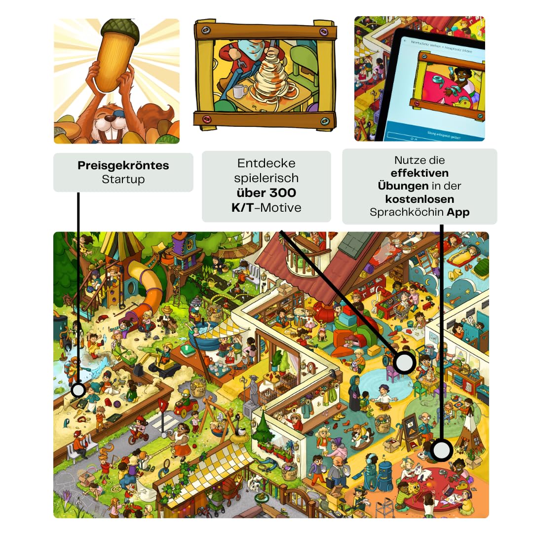für Kinder 'Logopädie Spiele Sprachförderung Kindergarten' Hochwertig Illustriert [analog+digital nutzbar] Interaktiv wähle Dein Lieblingsmotiv (Motiv: Kindergarten - Laute: K+T)