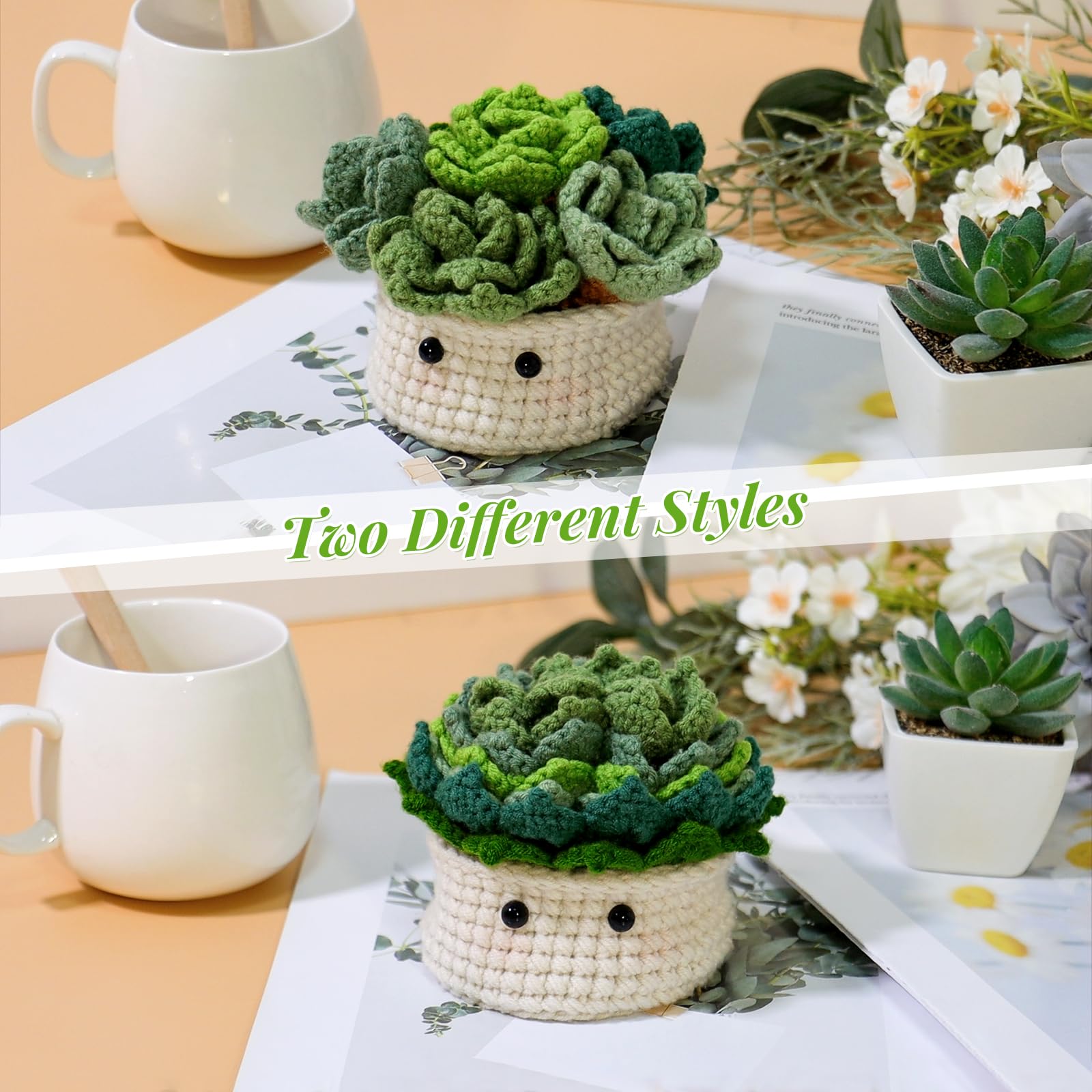 Weldomcor Häkelset für Anfänger, Häkel-Starterset Fleshiness, Blumentopf Pflanze Anfänger Häkelset, für DIY-Handarbeiten mit Häkelnadeln, Buntes Garn, Stichmarkern, Zubehör, Anleitung (Grün)