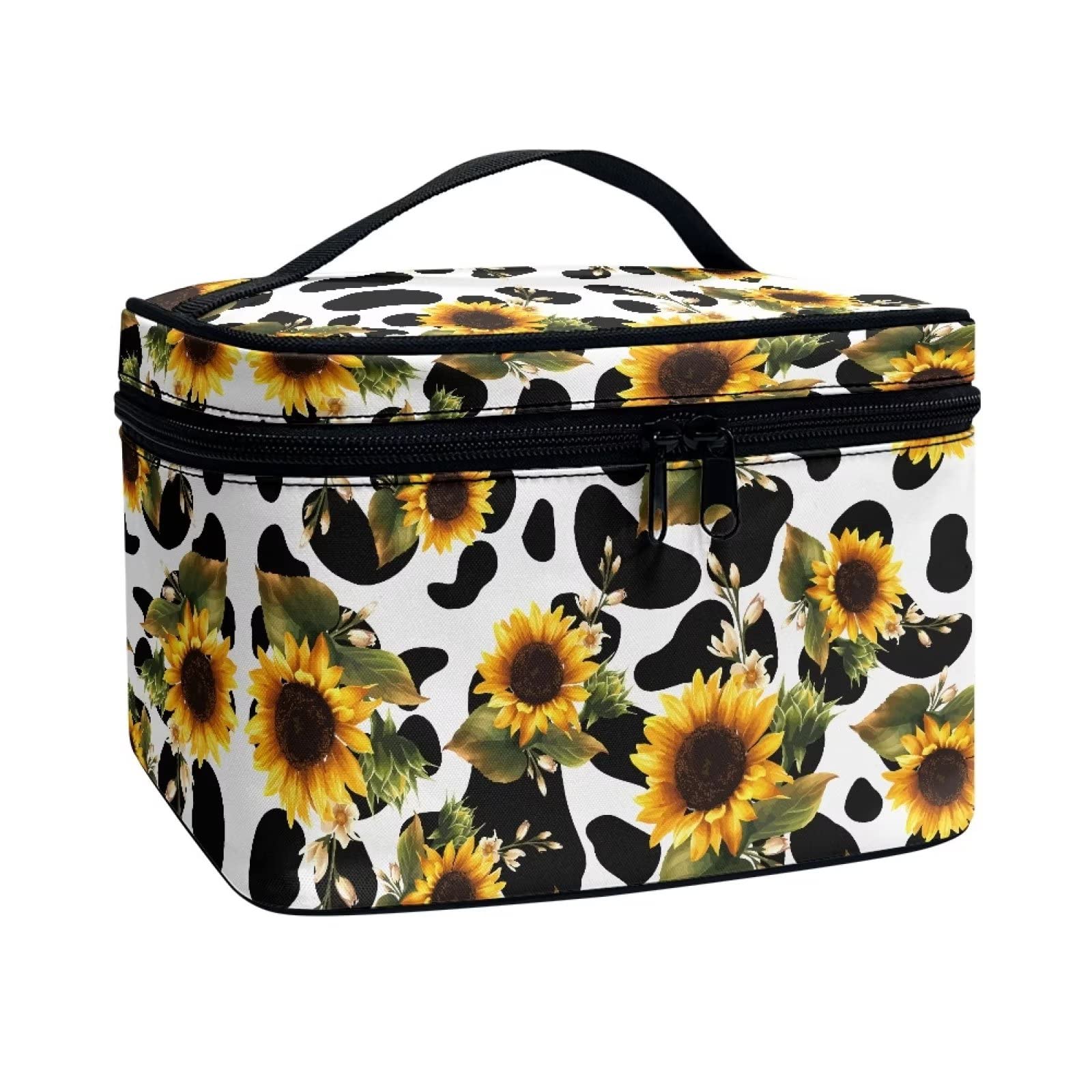 JEOCODY Sunflower Cow Print Makeup Bag Organizer Cosmetic Case Organizer Portable Artist Storage Bag with Handle for Cosmetics Makeup Brushes Toiletry