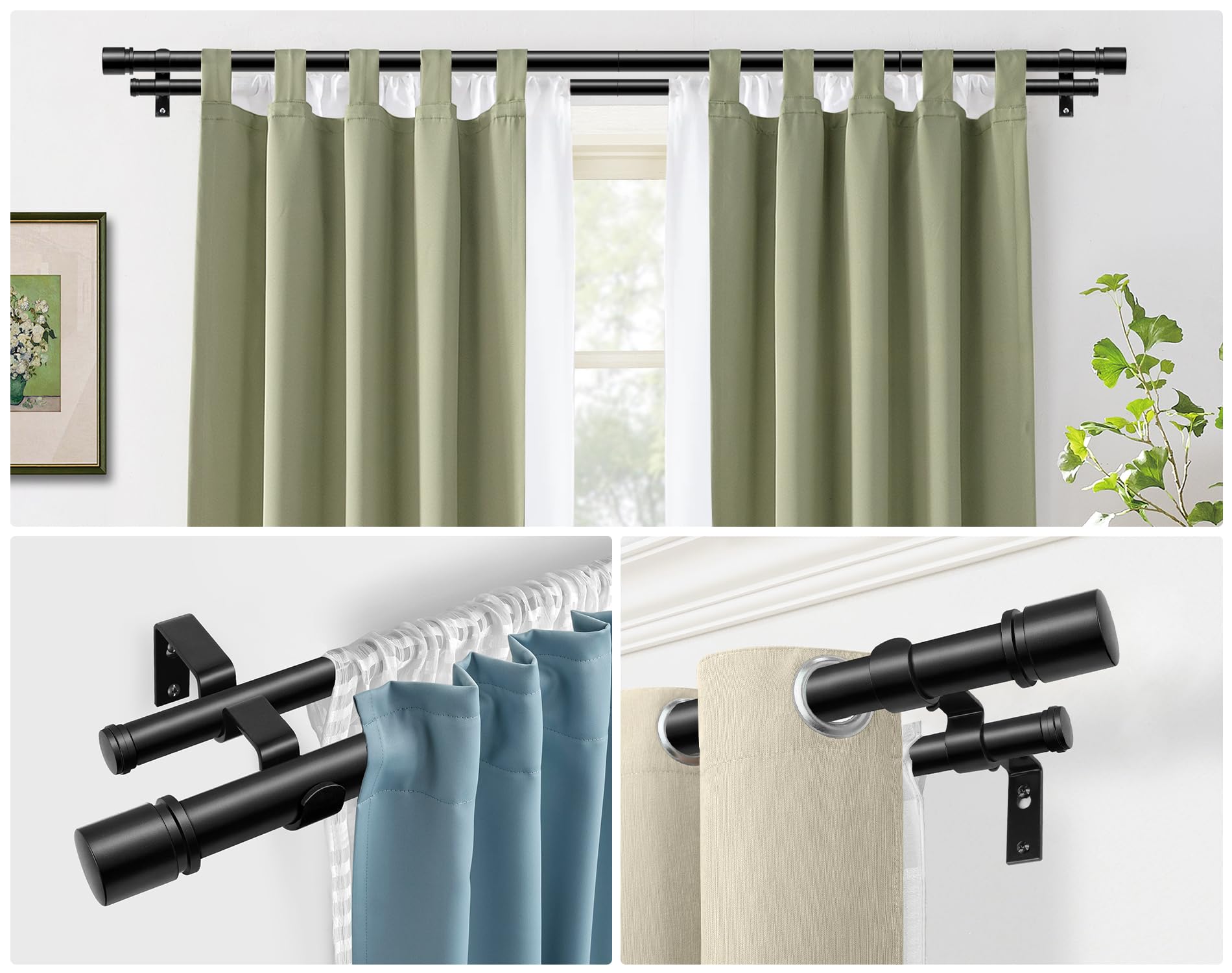 HOTOZON Negro Barra de Cortina Doble 80-218 cm, 25 mm Diámetro Barra Cortinas Extensible con Remates Clásicos, Juego de Barra de Cortina Doble para Baño, Salón, Dormitorio