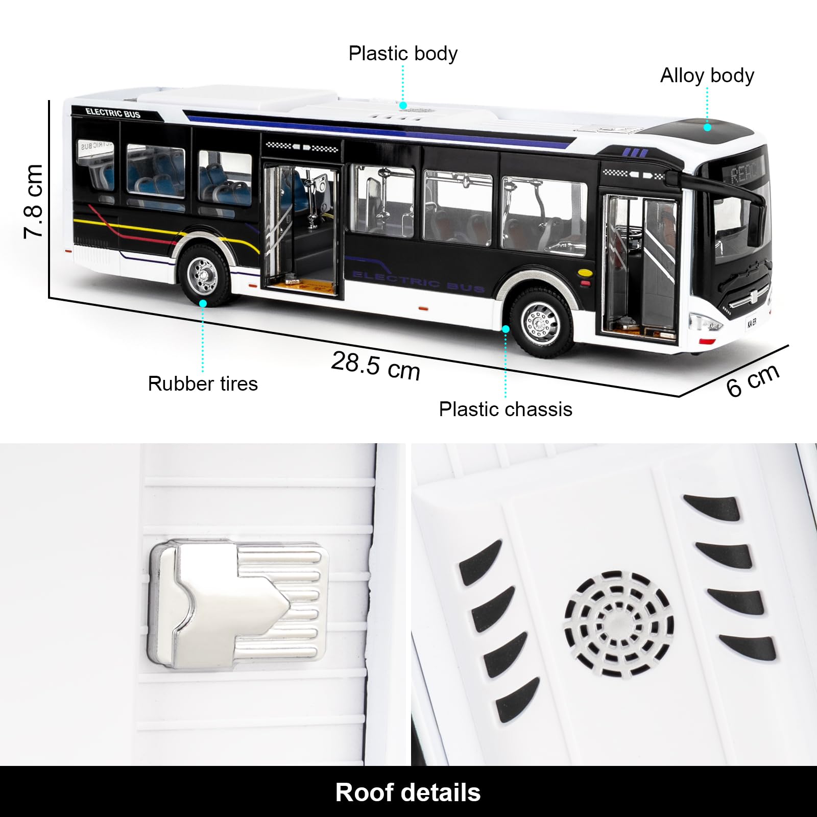 Voiture jouet autobus 1/42 pour enfants, véhicule en métal avec mécanisme de rétraction, son et lumière, modèle de bus avec cadeau d'anniversaire pour garçons et filles à partir de 3 ans, noir