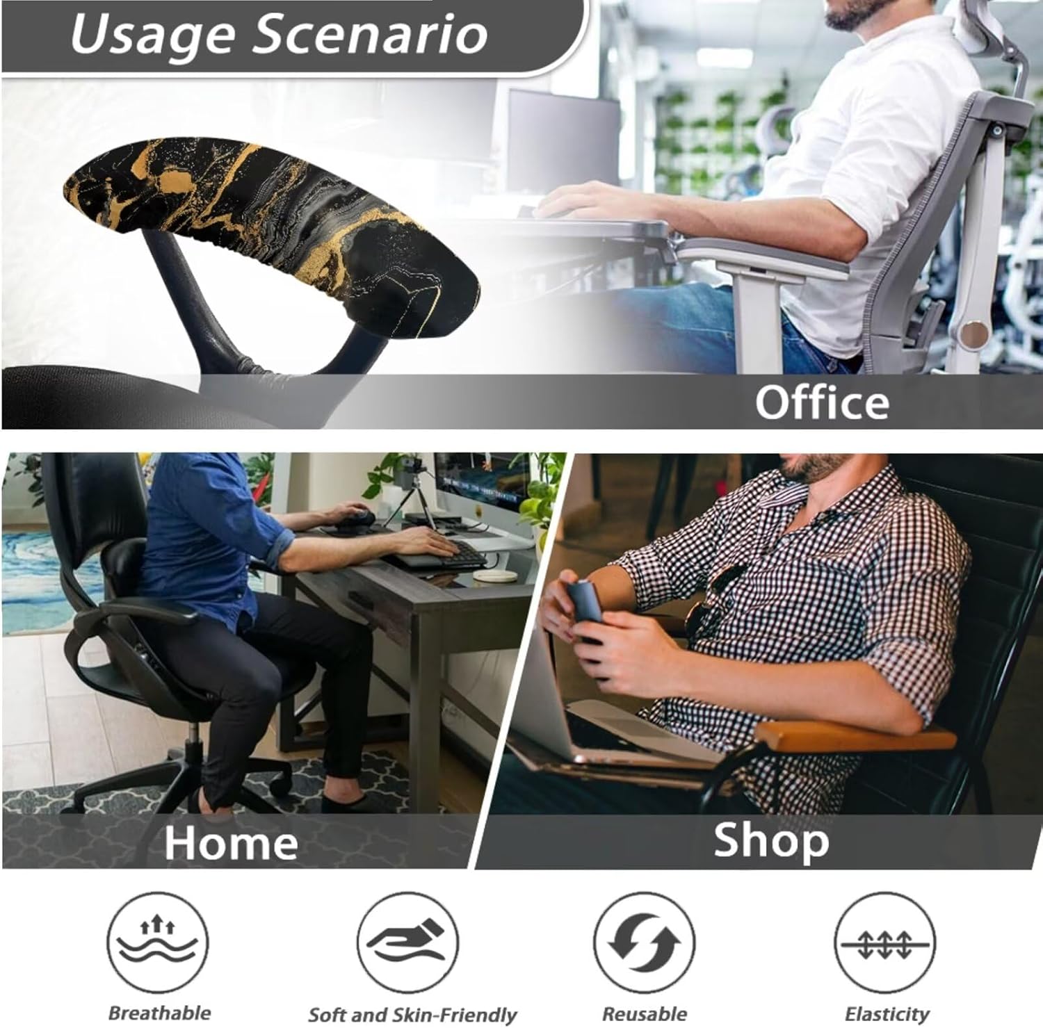 Marble Pattern Office Chair Cover with Armrest Cover, Anti Slip Rotating Chair Protection Universal Split Chair Slipcover with Elastic Band for Home Office