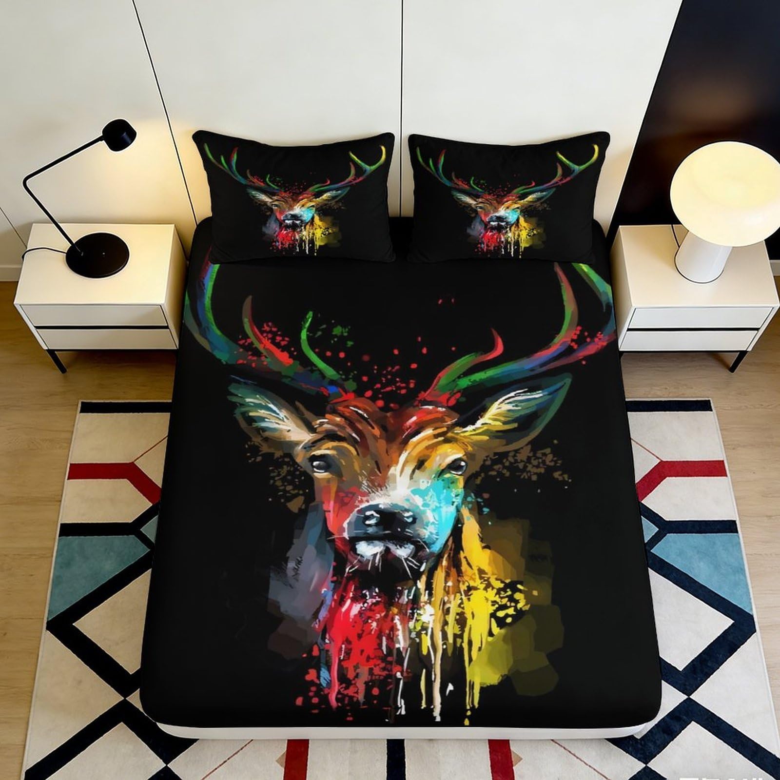 3D Printed Colorful Deer Fitted Sheet Microfiber Soft Breathable Abstract Stag Bed Cover for Bedroom Dormitory Guest Room Mattress Protection 140x200x25cm