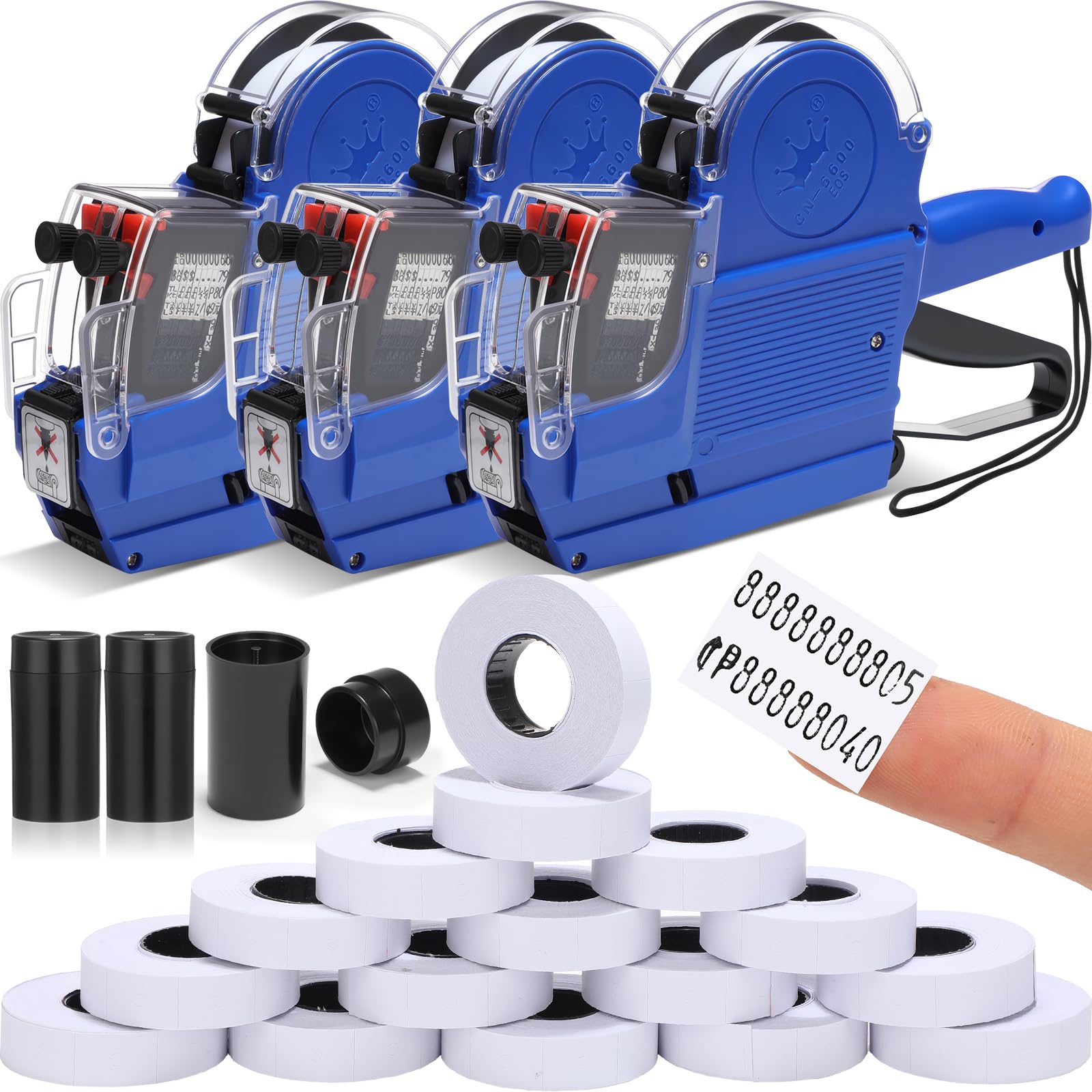 Fullhawl Lot de 3 étiqueteuses de prix à 2 lignes avec 10 000 étiquettes blanches vierges, 3 rouleaux d'encre, pour bureau, magasin, épicerie, cour, vente (bleu)