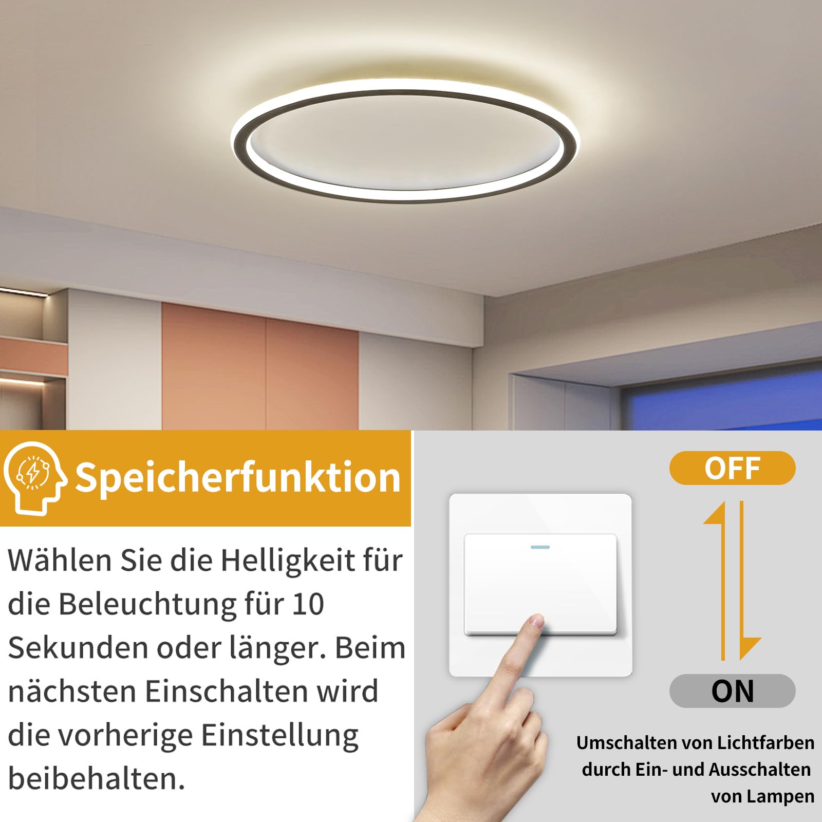 Mikeru LED Deckenleuchte 40 cm Rund ⌀ - Moderne dimmbare Deckenlampe mit Fernbedienung (3000K-6000K) - Schwarz Acryl für Wohnzimmer, Schlafzimmer, Küche, Esszimmer - Energieeffiziente LED Beleuchtung