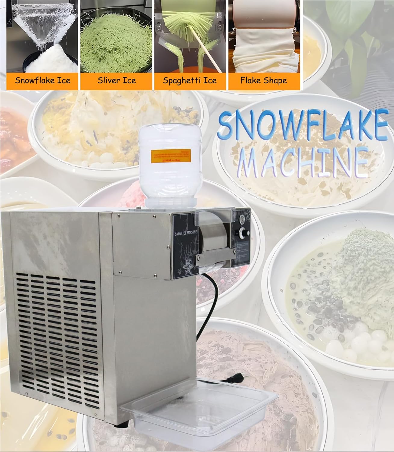 1.2KW Wind/Air-Cooled Commercial Shaved Ice Maker & Snow Cone Machine - Stainless Steel Dual-Bucket Ice Shaver with 2x3L Containers