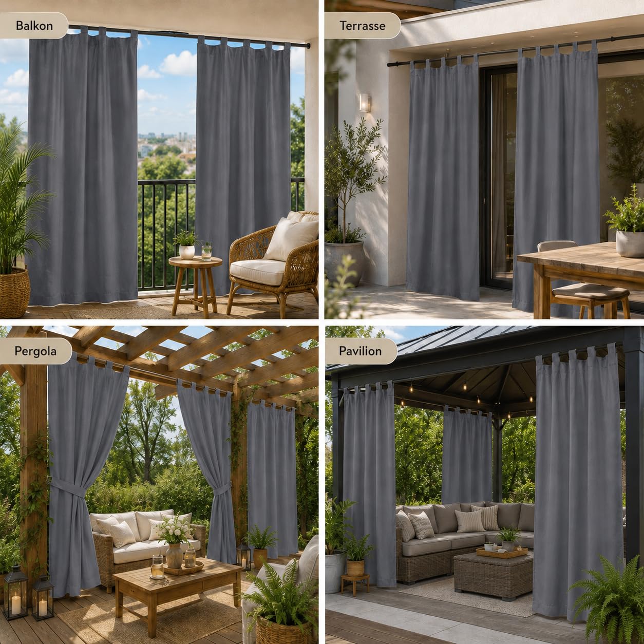 Outdoor Vorhang Wetterfest mit Abnehmbaren Schlaufen 2er Set | Außenvorhang Sonnenschutz Wasserdicht Sichtschutz für Garten Pavillon Pergola Terrasse Balkon (H274xB132cm, Dunkelgrau)