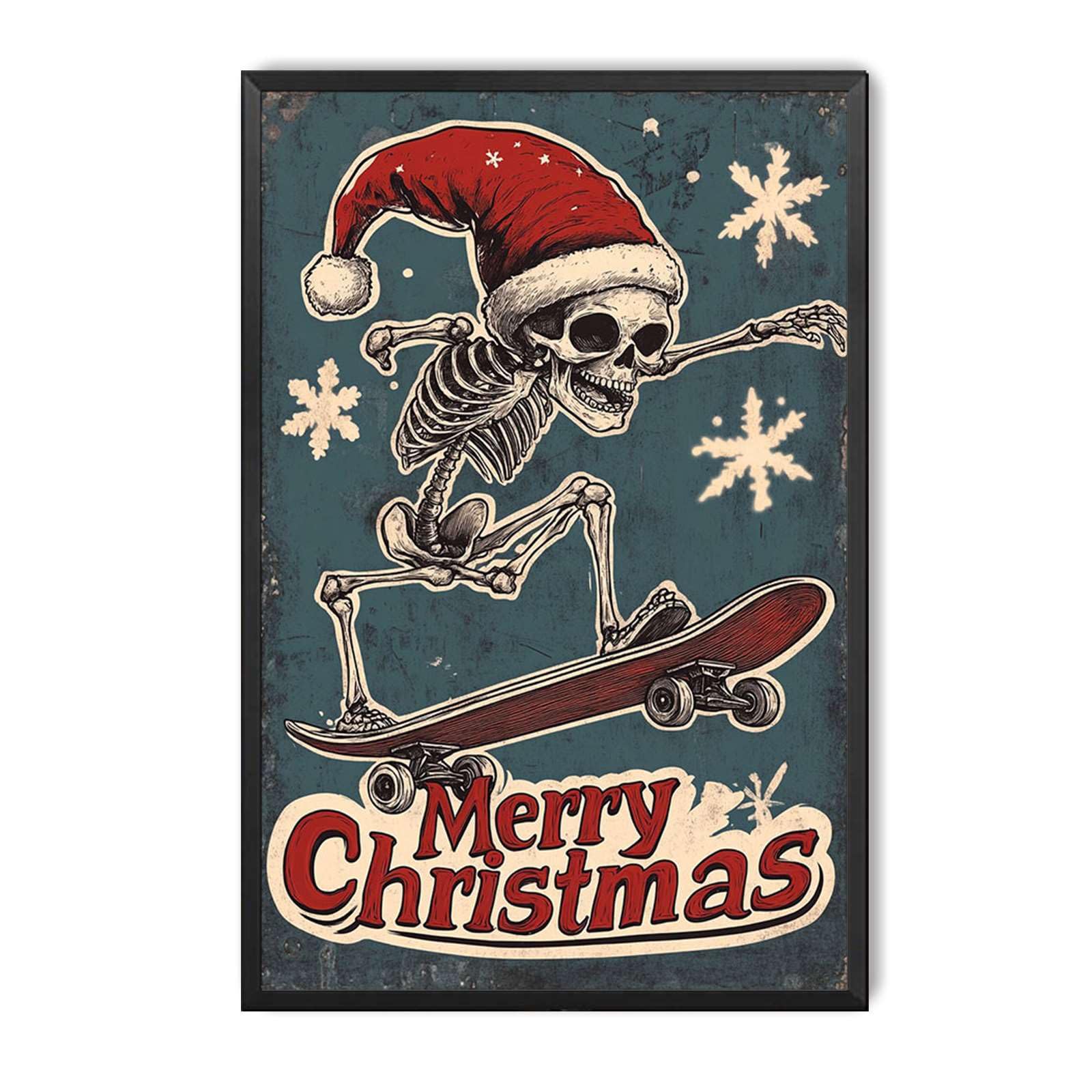 peiyeety Metal Tin Sign Skeleton with Santa Hat Skateboard Merry Christmas Vintage Decorative Wall Art,Retro Holiday Rustic Plaque for Home Living Room Bedroom Fireplace,8x12 Inch