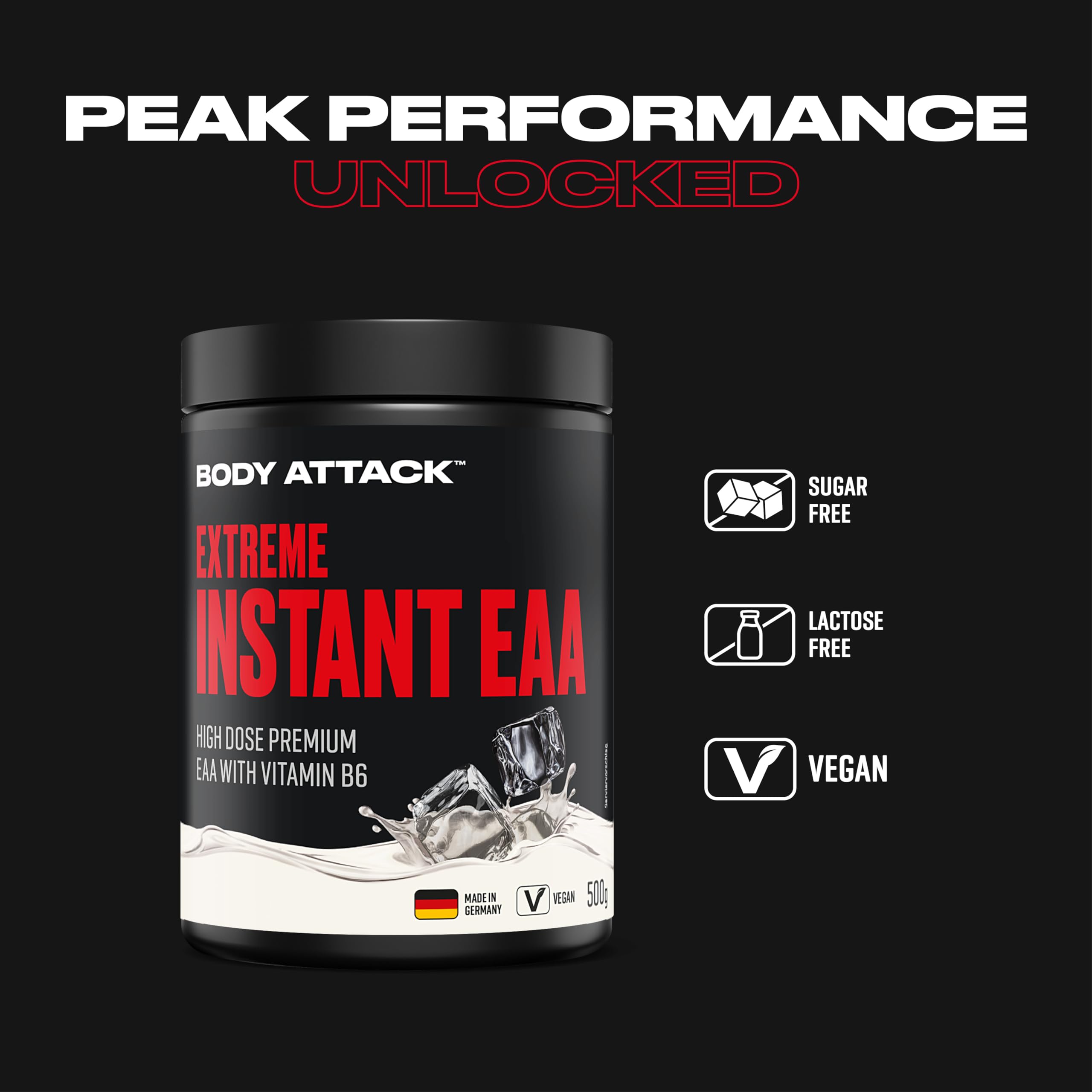Body Attack Extreme Instant EAA Pulver - Ice Tea Peach, 500 g - Made in Germany - 8 essentielle Aminosäuren für eine Protein reiche Ernährung & intensives Training