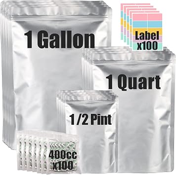 100pcs Mylar Bags for Food Storage 12 Mil Thick with 150x400cc Oxygen Absorbers & Labels, 3 Sizes 1 Gallon, 1 Quart, 1/2 Pint - Stand-Up, Resealable & Heat Sealable for Long Term Food Storage