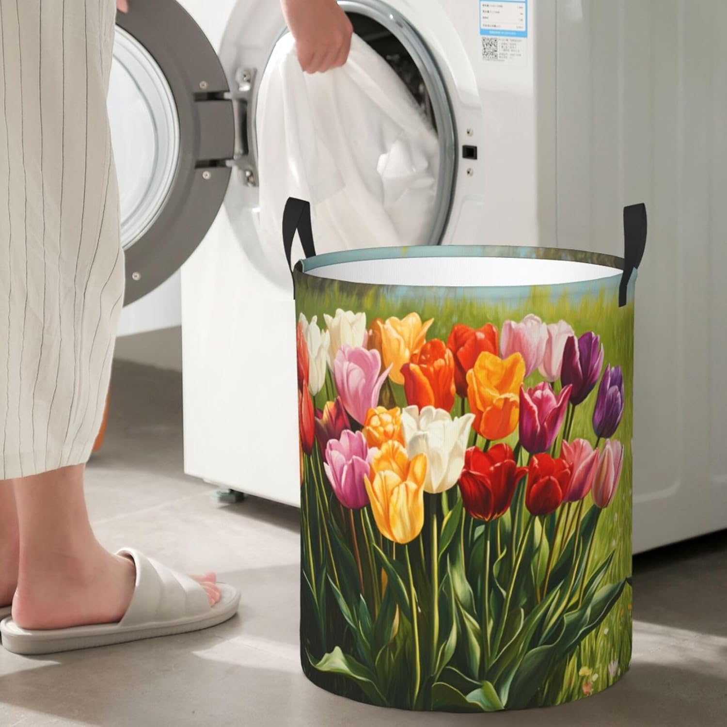 Colorful tulips Round Single-layer Laundry Basket, Portable Storage Laundry Basket, Bedroom Clothes Storage Basket with Handle