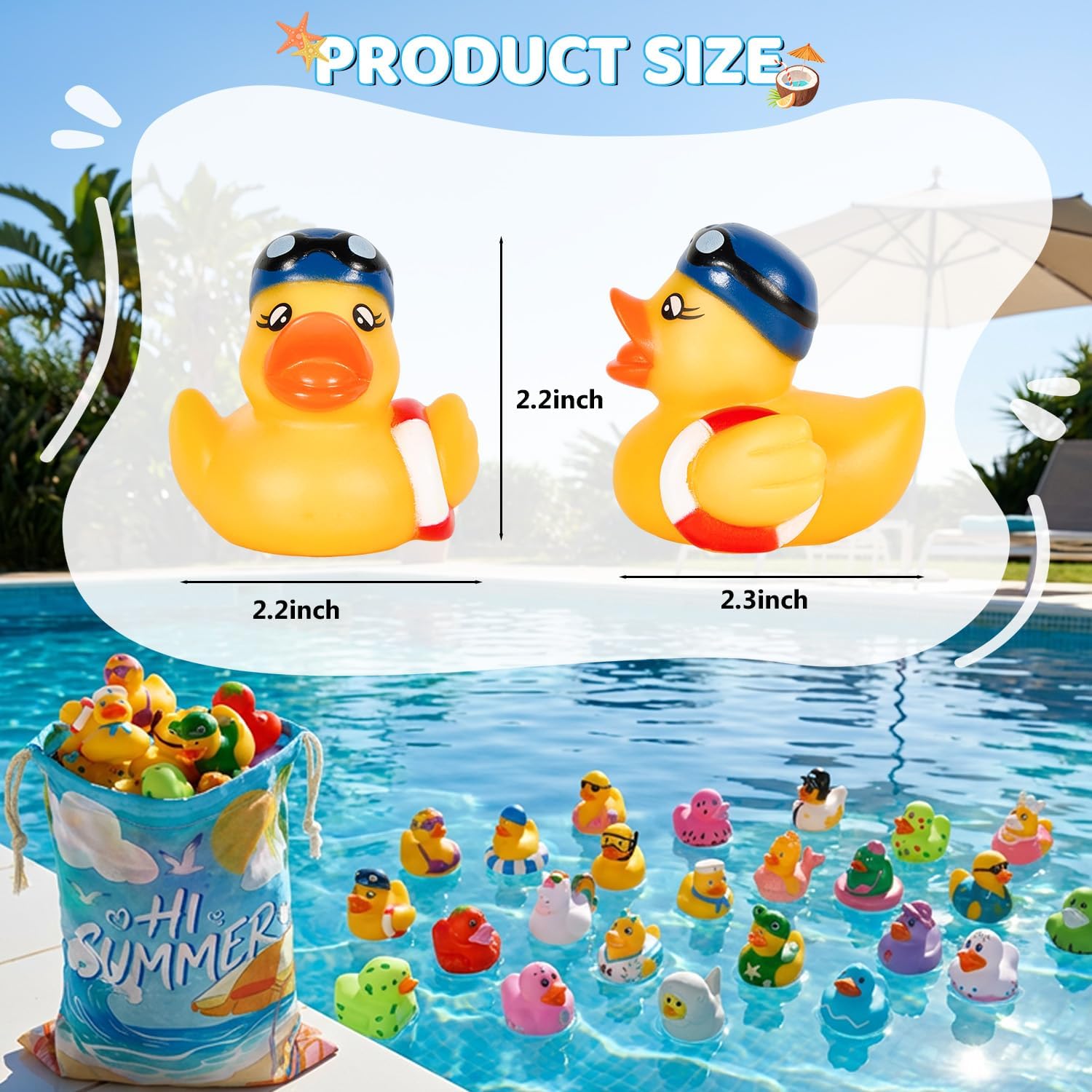 24Pack Summer Rubber Ducks with a Bag, Summer Duck for Jeeps, Assorted Beach Toys for Pool, Duckies Games, Party Favors, Birthday Gifts, Classroom Incentives, Baby Kids Swimming Pool Water Bath Toys