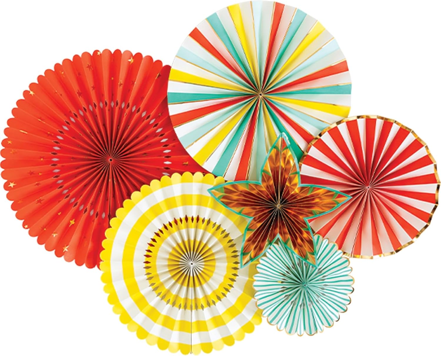 My Mind’s Eye Carnival Party Fans Set Bright Paper Decorations with Gold Foil for Birthday Celebration Dessert Table Photo Backdrop – Set of 6