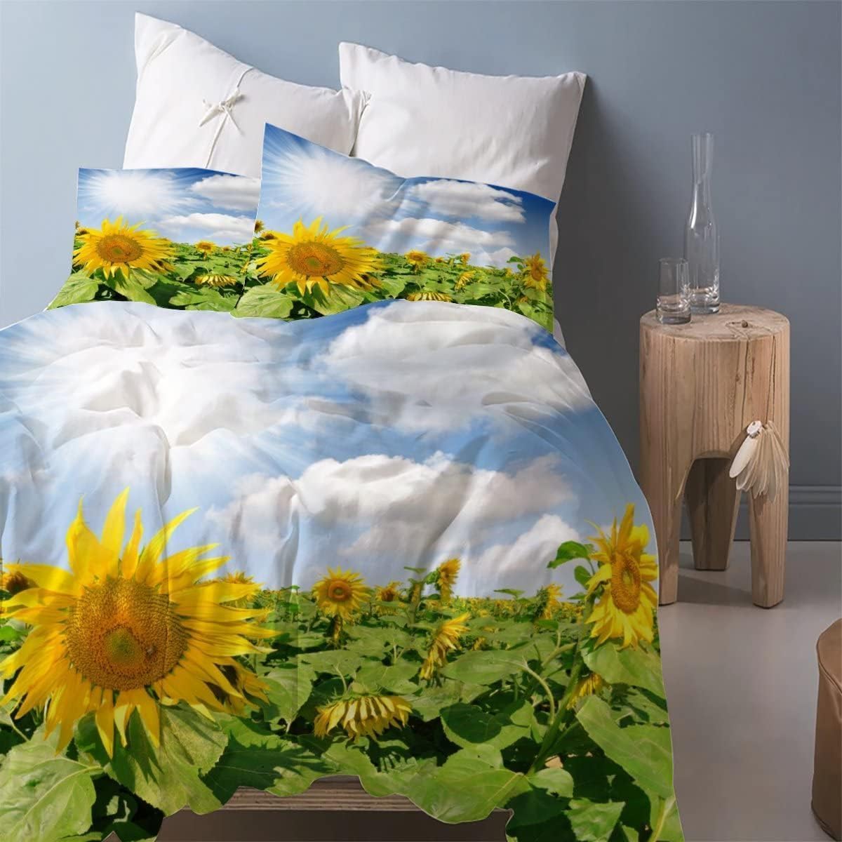 Copripiumino Matrimoniale Girasole Traspirante in Microfibra Set di Biancheria da Letto Campi Rurali con Cerniera 3D Copripiumino 240x220 e 2 Federe b.8205