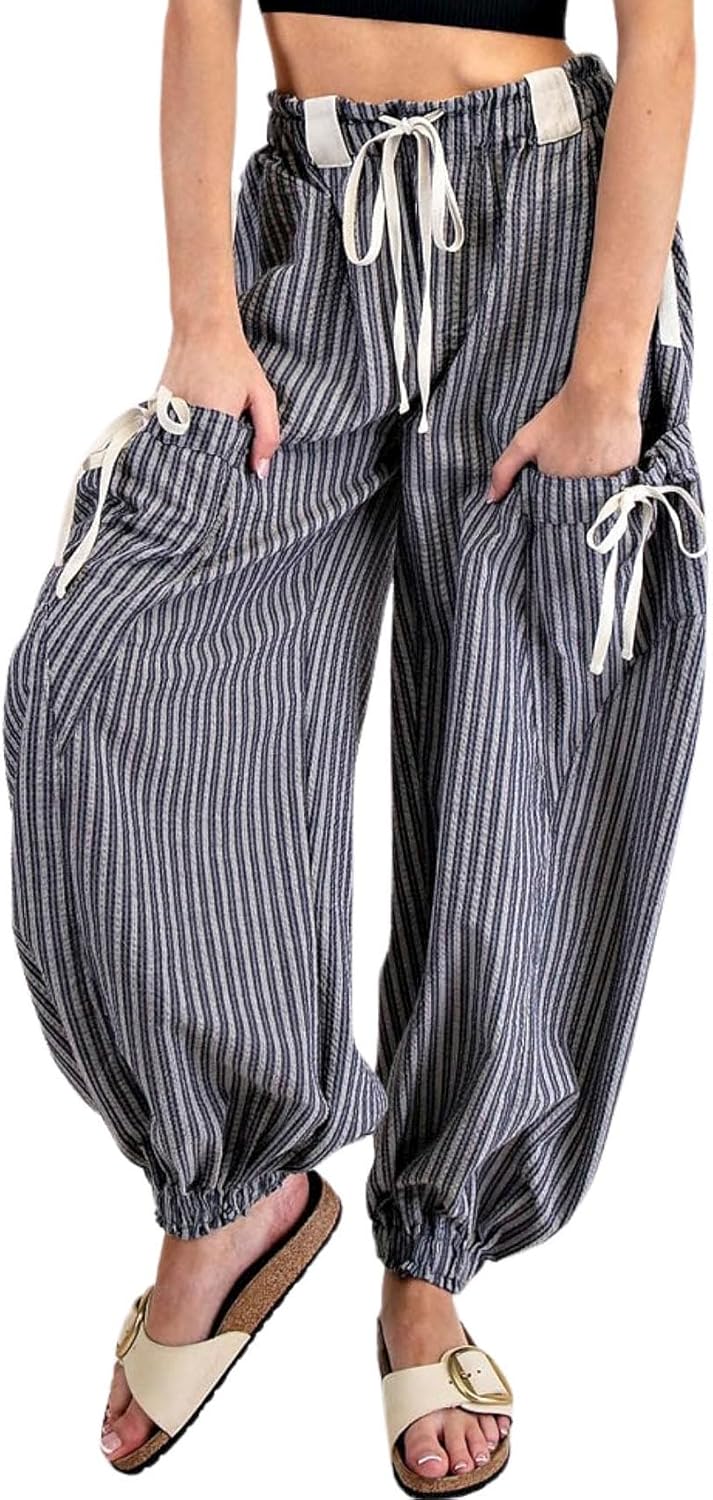 Bellesumyee Womens Harem Jogger Pants Striped Drawstring Loose Fit Wide Leg Low Waist Comfy Casual with Pockets
