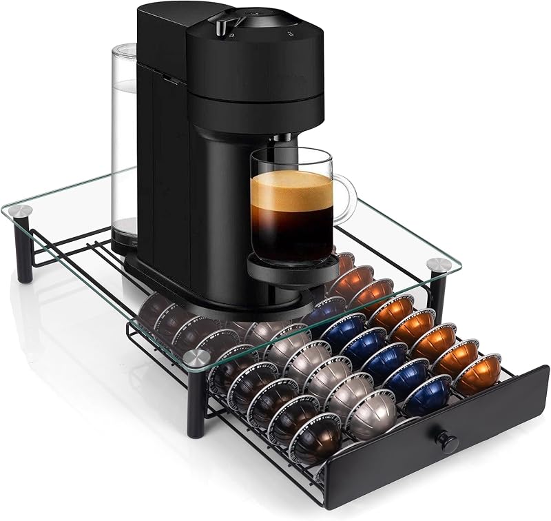 Coffee Pod Holder Drawer for Nespresso Vertuo Pods, 40-Pod Glass Top | 40 Vertuo pod capacity; clear tempered glass, metal frame, smooth drawer, under-machine storage for tidy coffee bars