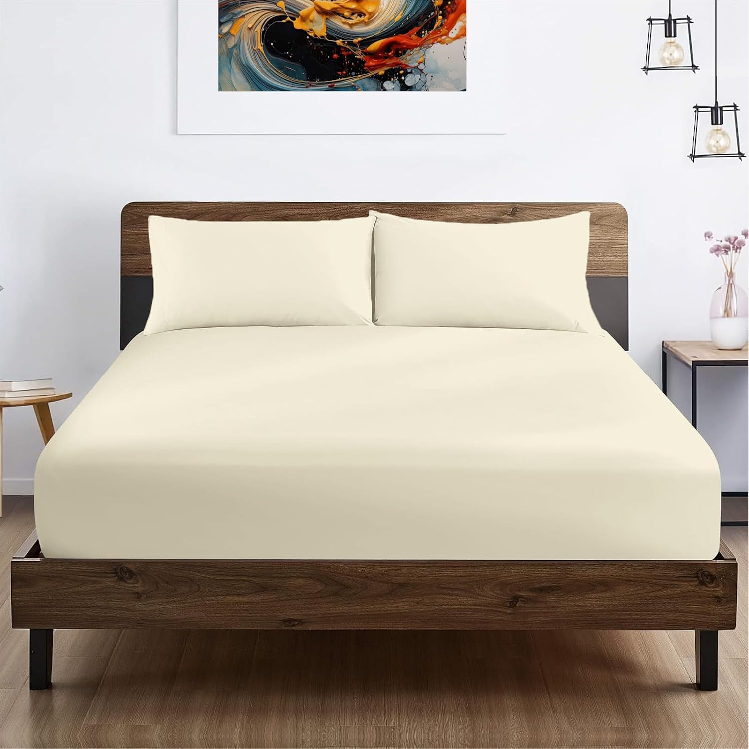 SGI bedding 100% Egyptian Cotton 600 TC RV King Size Fitted Sheet Only Soft, Smooth Sateen Weave 15" inch Deep Pocket Fitted Bed Sheet - Butter