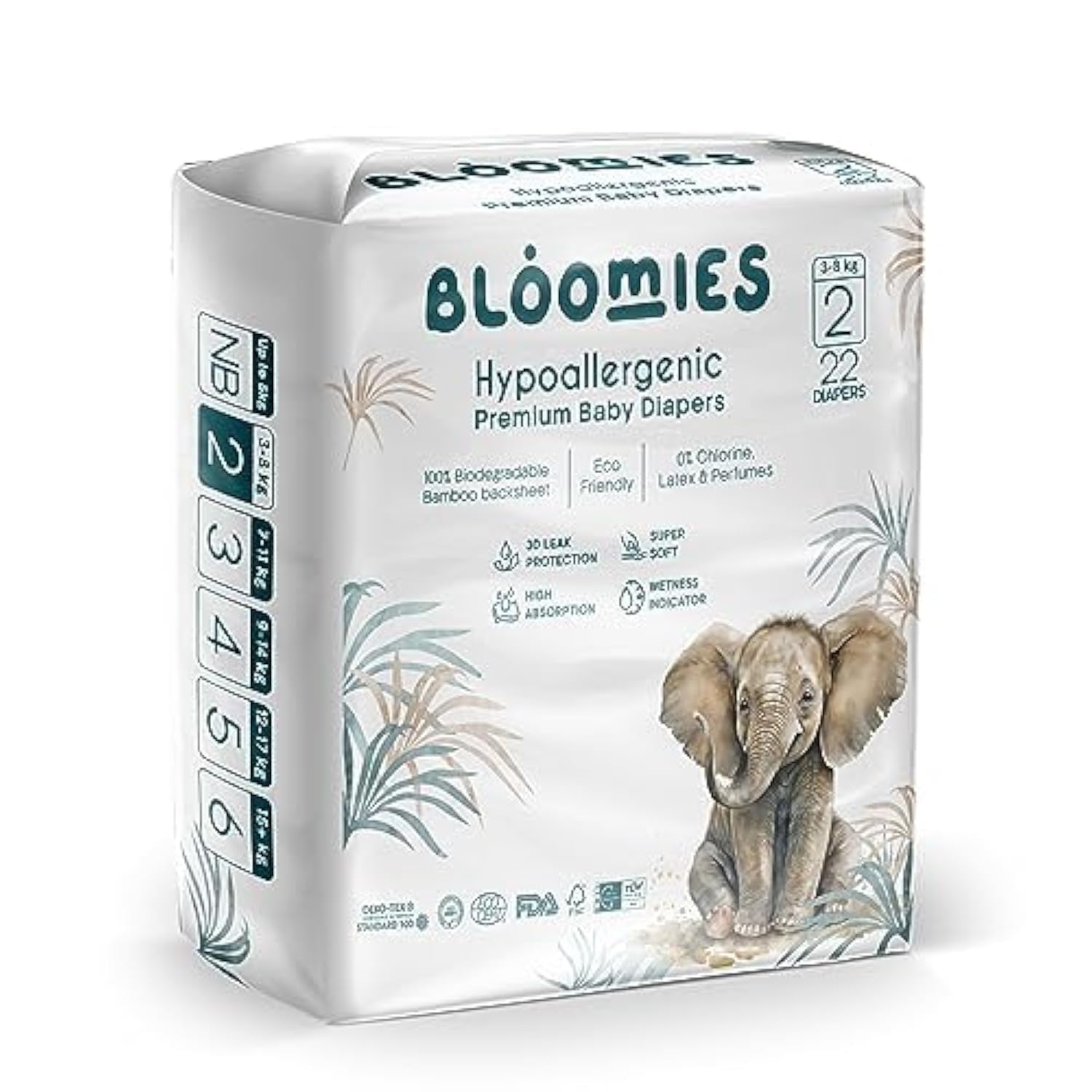 Premium Baby Diapers Size 2, 3-8 kg, 22 Count, Wetness Indicator Eco-friendly and Hypoallergenic Ultra-soft Nappy Diaper Skin Friendly, Leakage Protection,100% Organic Natural Bamboo Made