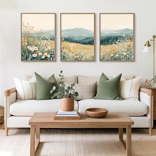 Miniatura 97 de Arte de pared bohemio con margaritas, decoración de pared de lienzo de montaña, impresiones abstractas de flores silvestres, puesta de sol, arte de