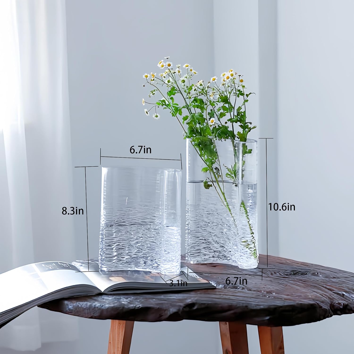 3lb Clear Glass Flower Vase, 10.6 Inch Tall Art Vase for Home Decor - Unique Handmade Centerpiece, Modern Table Decor for Fresh/Preserved Flowers