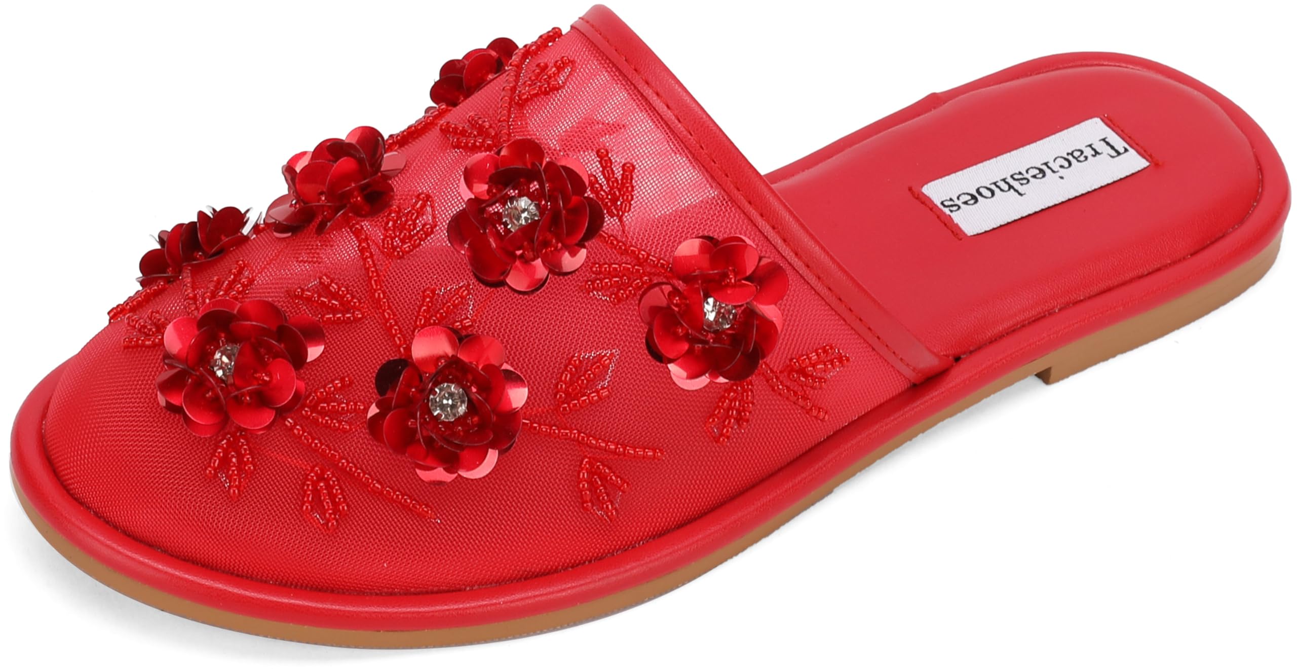 Women's Mesh Flat Slippers Slip-On Slide Sandals with Sequin Floral Chinese Slippers