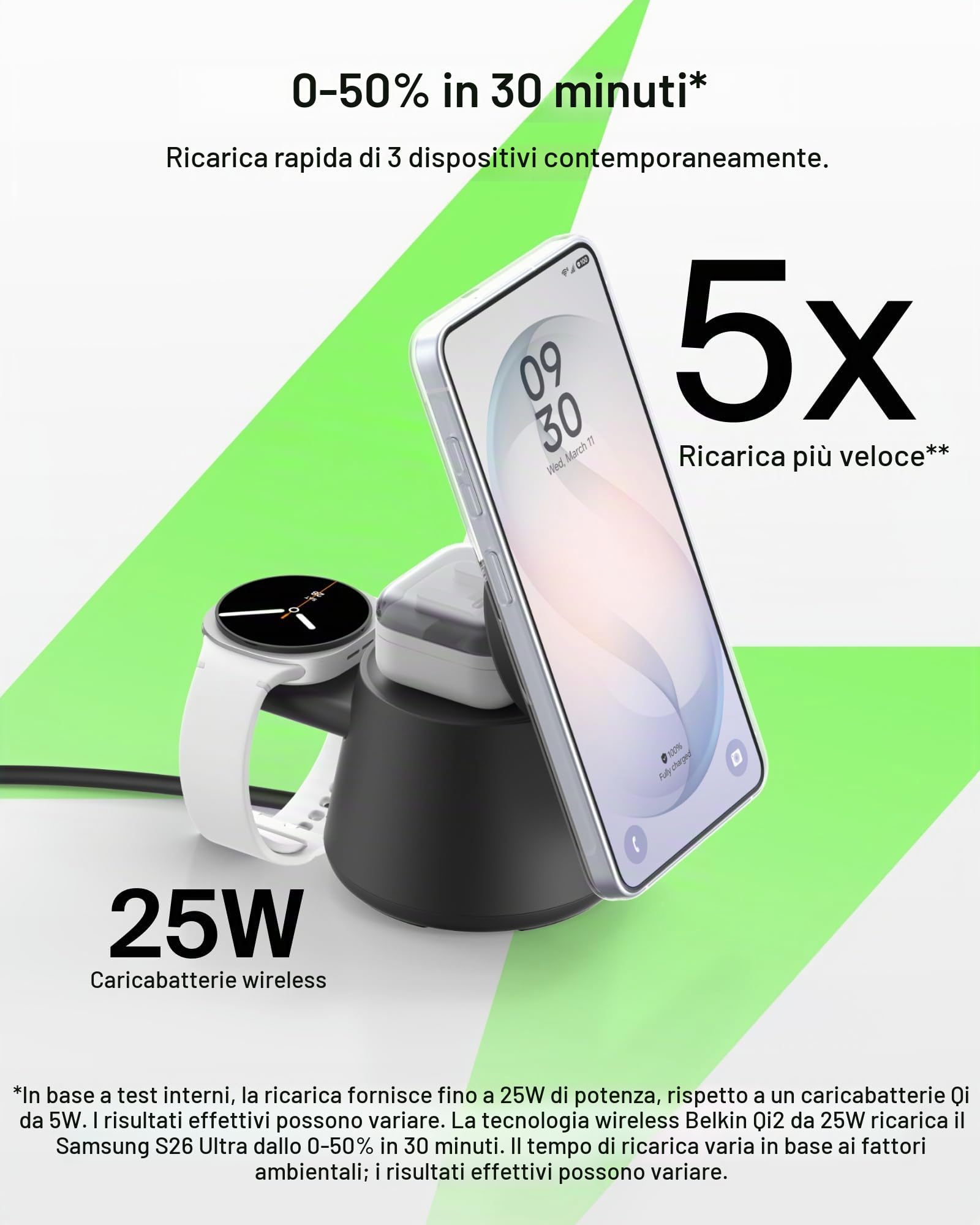 Belkin Stazione di ricarica wireless 3 in 1 per Samsung, Android, Qi2.2, caricatore magnetico da 25 W per Galaxy S26, Pixel 10, iPhone 17, porta USB C per Galaxy, Pixel e Apple Watch (caricatore per