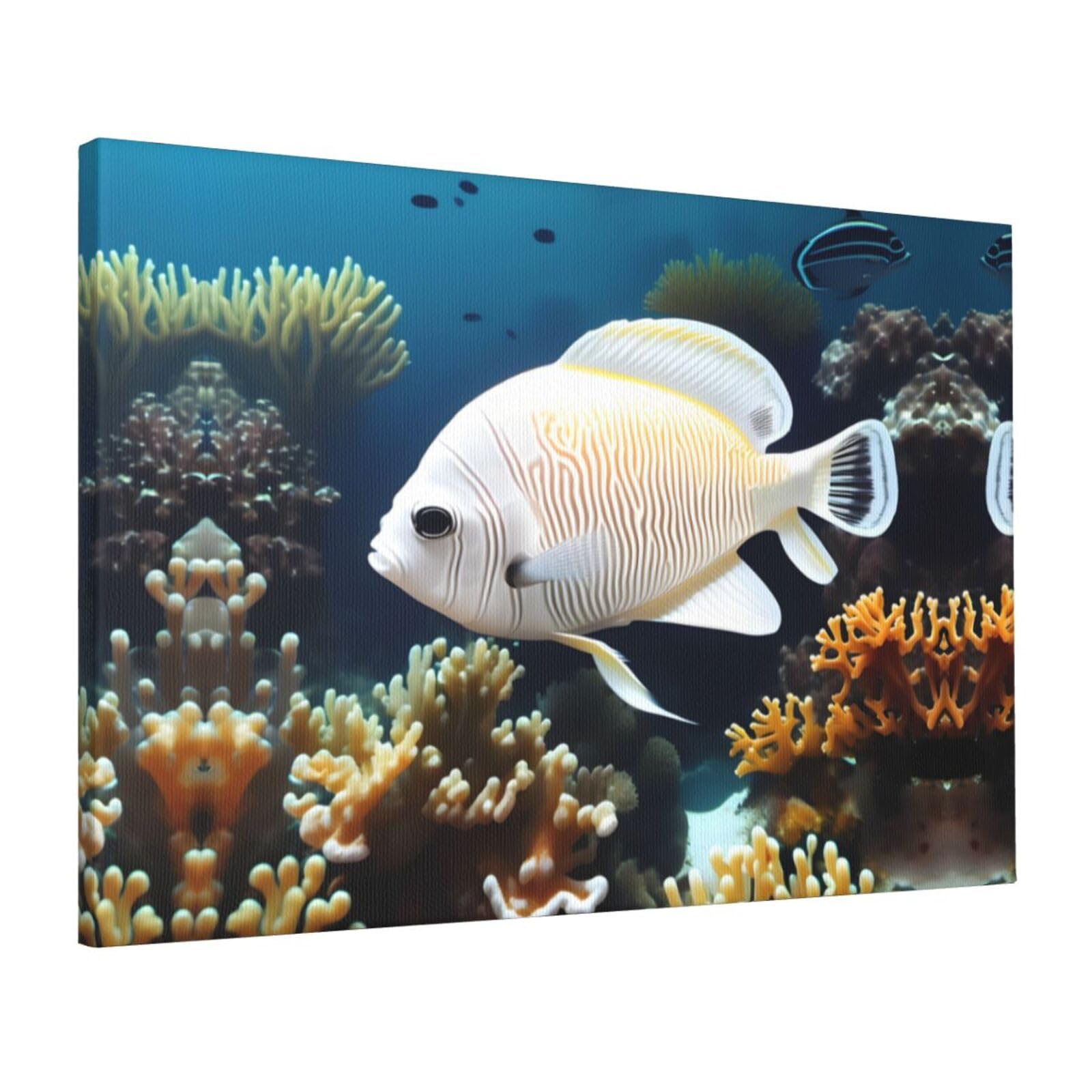 CNTDBU White-golden fish Canvas Wall Art 16x24 Inch-Large Modern Painting Print for Living Room, Framed Ready to Hang Artwork for Bedroom