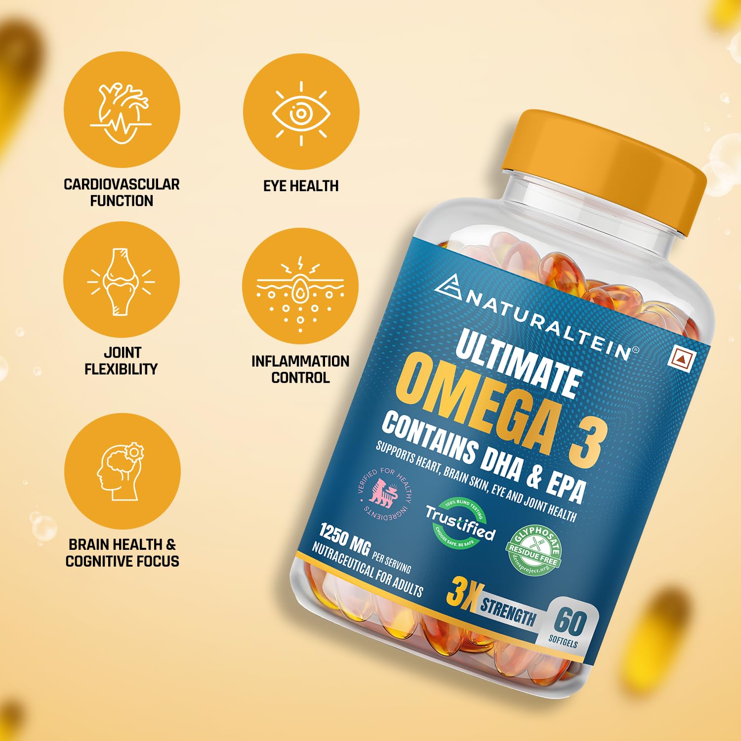 NATURALTEIN Omega-3 Fish Oil 1250mg Triple Strength Softgel Capsules | 450mg EPA & 300mg DHA in Triglyceride Form for Better Absorption | Heart, Brain, Eye & Joint Support | Glyphosate-Free | 60 Softgel Capsules | 60-Day Supply — Amazon image 7