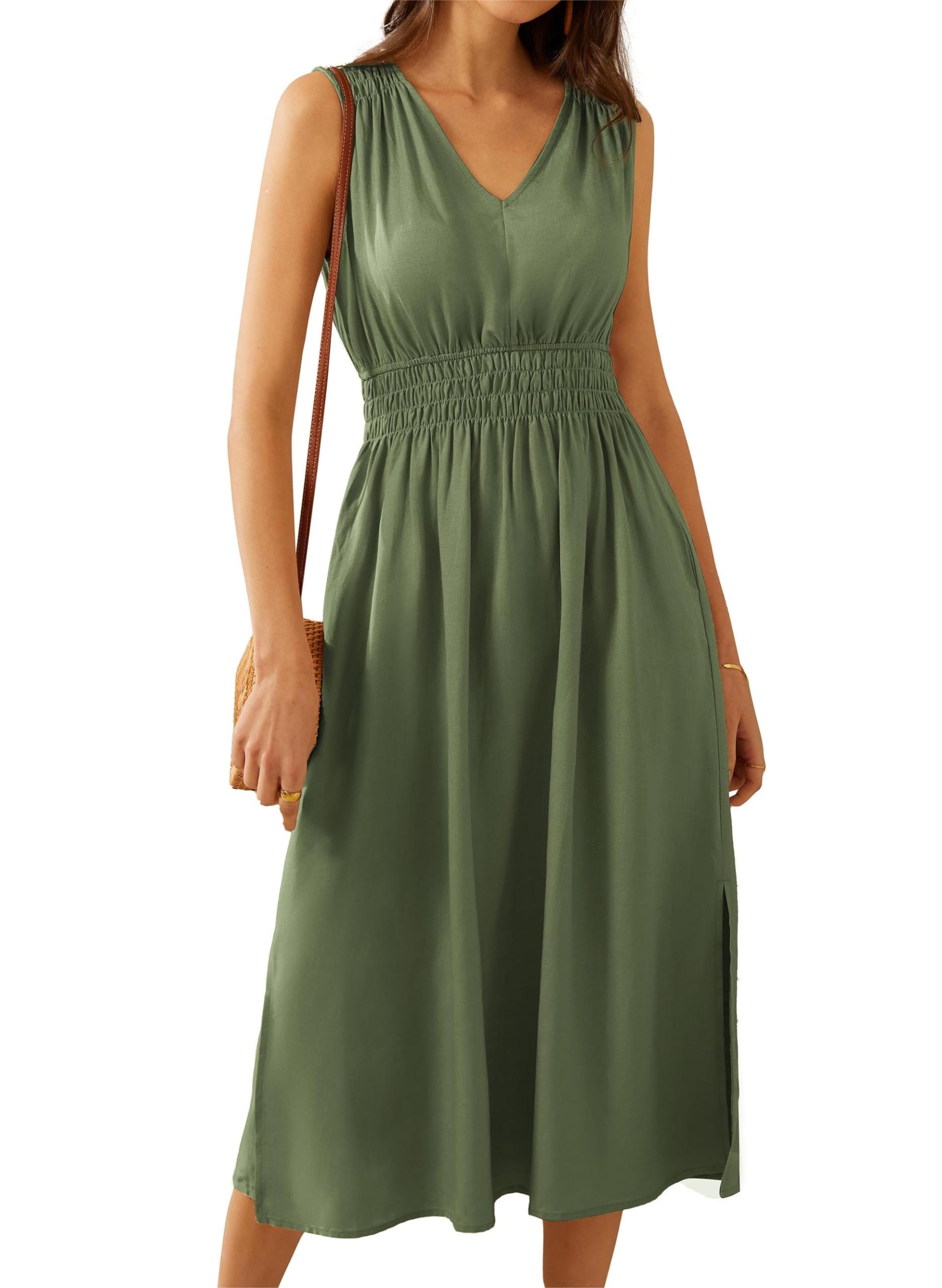 GRACE KARIN Vestido casual de verano para mujer, cintura elástica, sin mangas, cuello en V, abertura lateral, acampanado