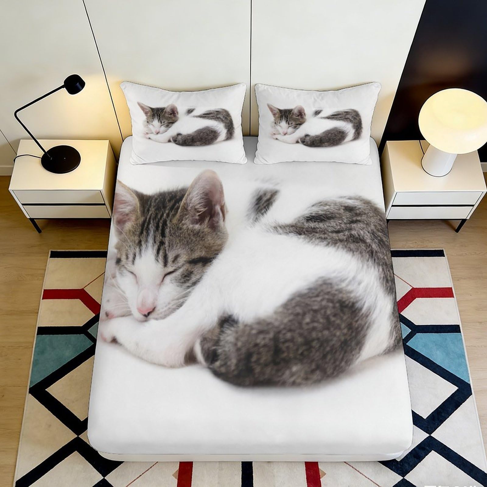 3D Printed Sleeping Cat Fitted Sheet Microfiber Soft Breathable Cute Kitten Bed Cover for Bedroom Guestroom Decor 90x200x25cm