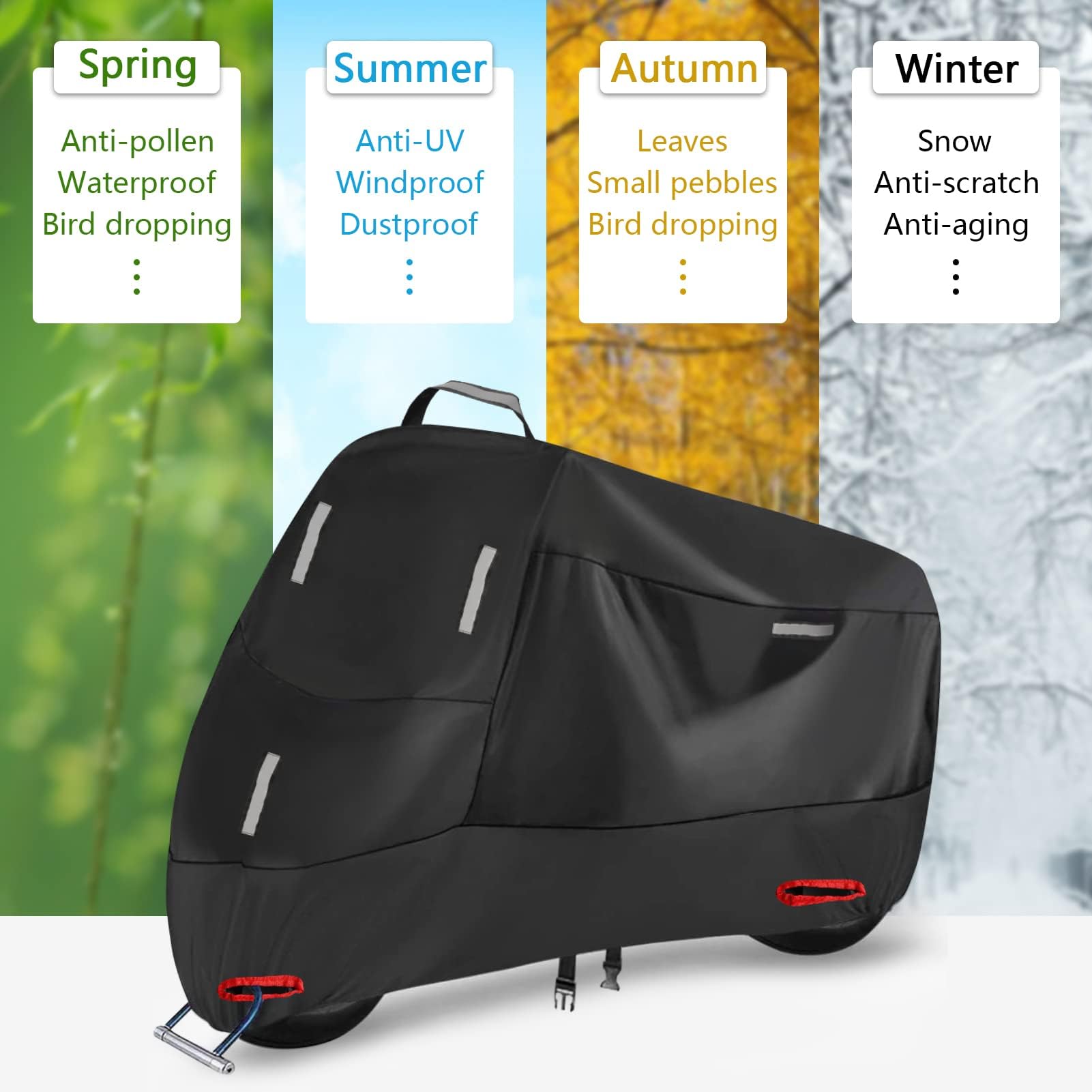 SECELES Bâche de Protection pour Moto Imperméable Couverture Oxford 300D, Housses de Moto Exterieur Interieur, avec 5 Bandes réfléchissantes et 2 Trous de Serrure - XL (230 x 95 x 125 cm)