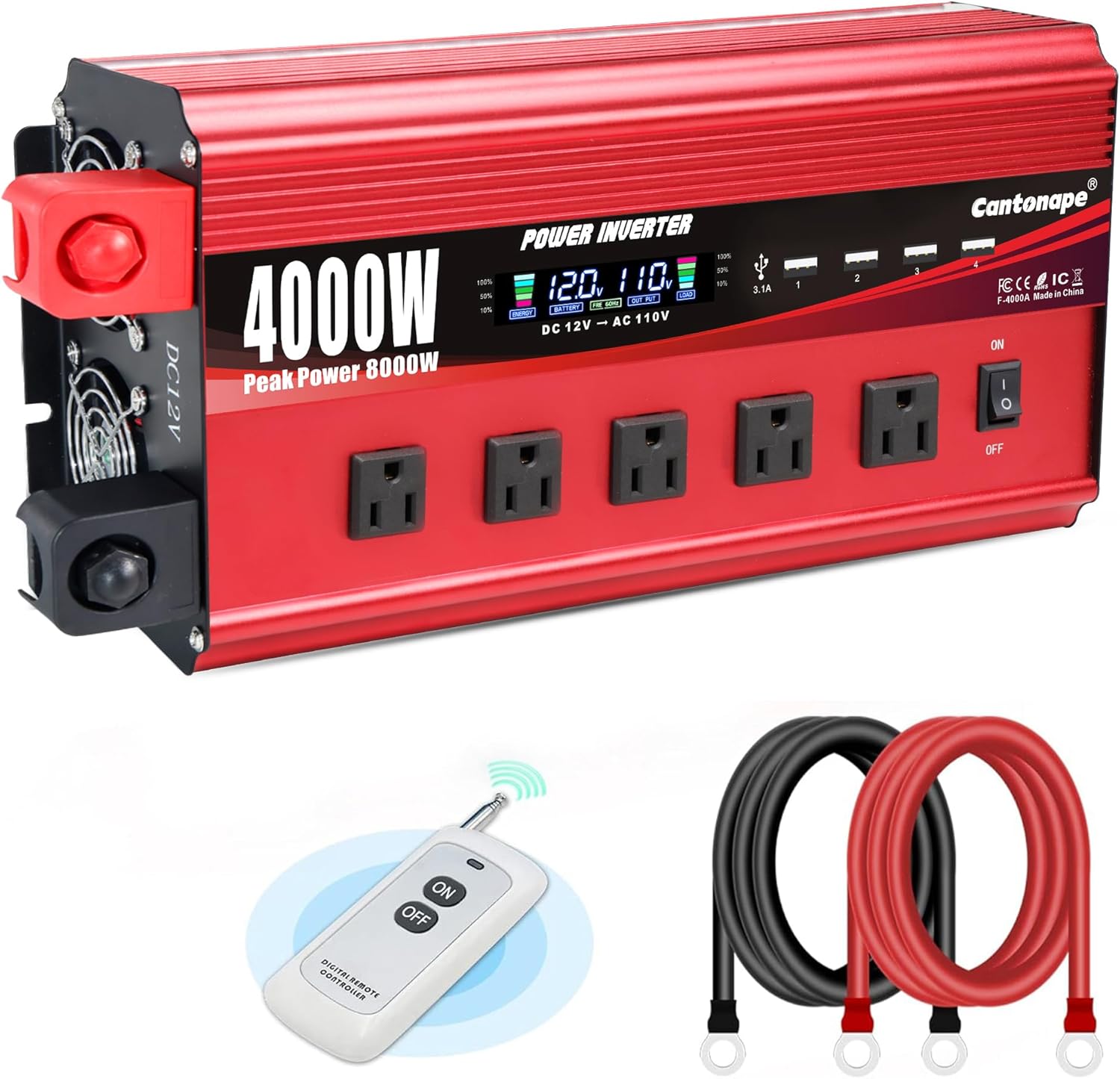 Product image of 4000W Power Inverter 12V to 110V/120V DC to AC with LCD Display, Remote Controller 5 x AC Outlets and 4 x 3.1A USB Car Adapter for Car Truck Boat RV Solar System