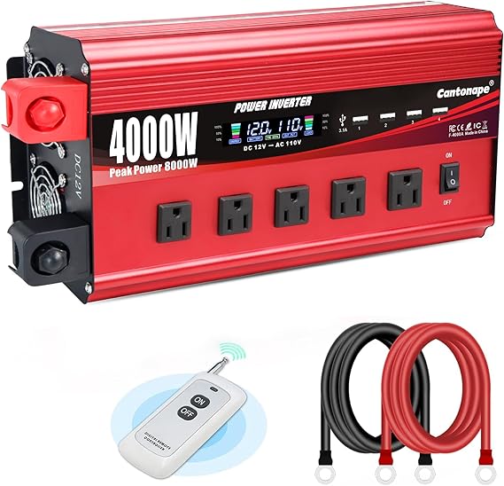 4000W Power Inverter 12V to 110V/120V DC to AC with LCD Display, Remote Controller 5 x AC Outlets and 4 x 3.1A USB Car Adapter for Car Truck Boat RV Solar System