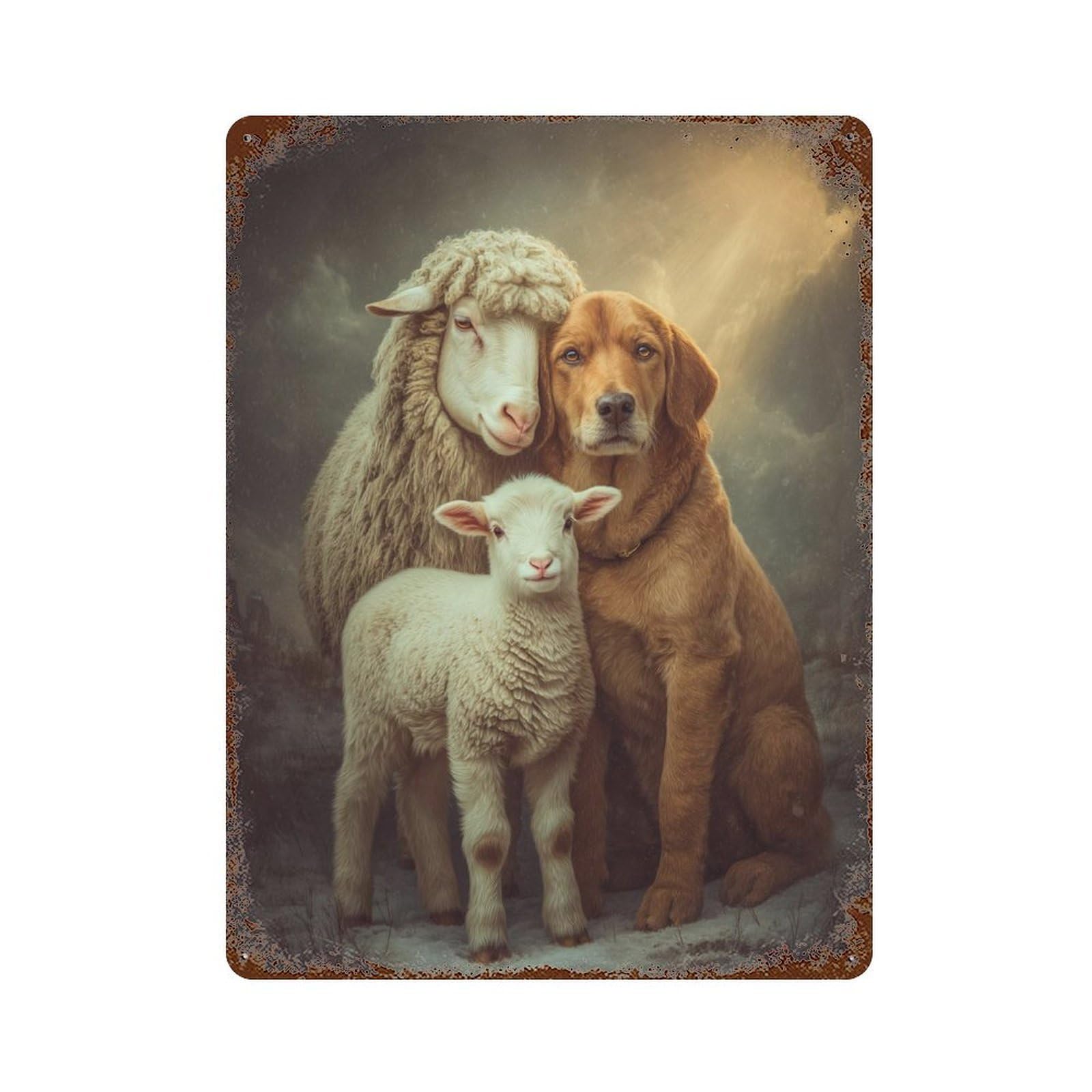 Sheep, Lamb, And Dog Friendship Rust Effect Tin Sign 15.7"x11.8", Ideal for Farmhouse, Kitchen And Entryway Decor