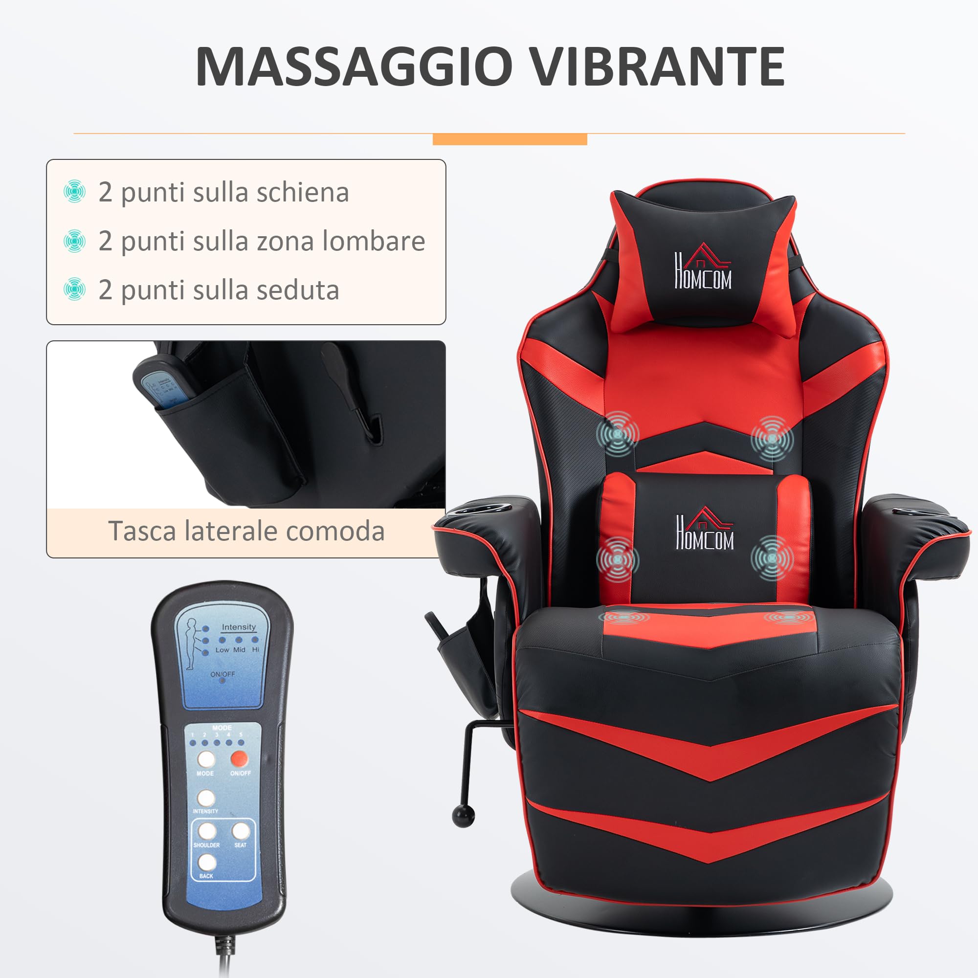 HOMCOM Sedia da Gaming Massaggiante e Reclinabile con Poggiapiedi, Portabicchieri e Cuscino, Sedia Ergonomica in Finta Pelle, Acciaio, 79.5x82.5x111.5 cm, Nero e Rosso