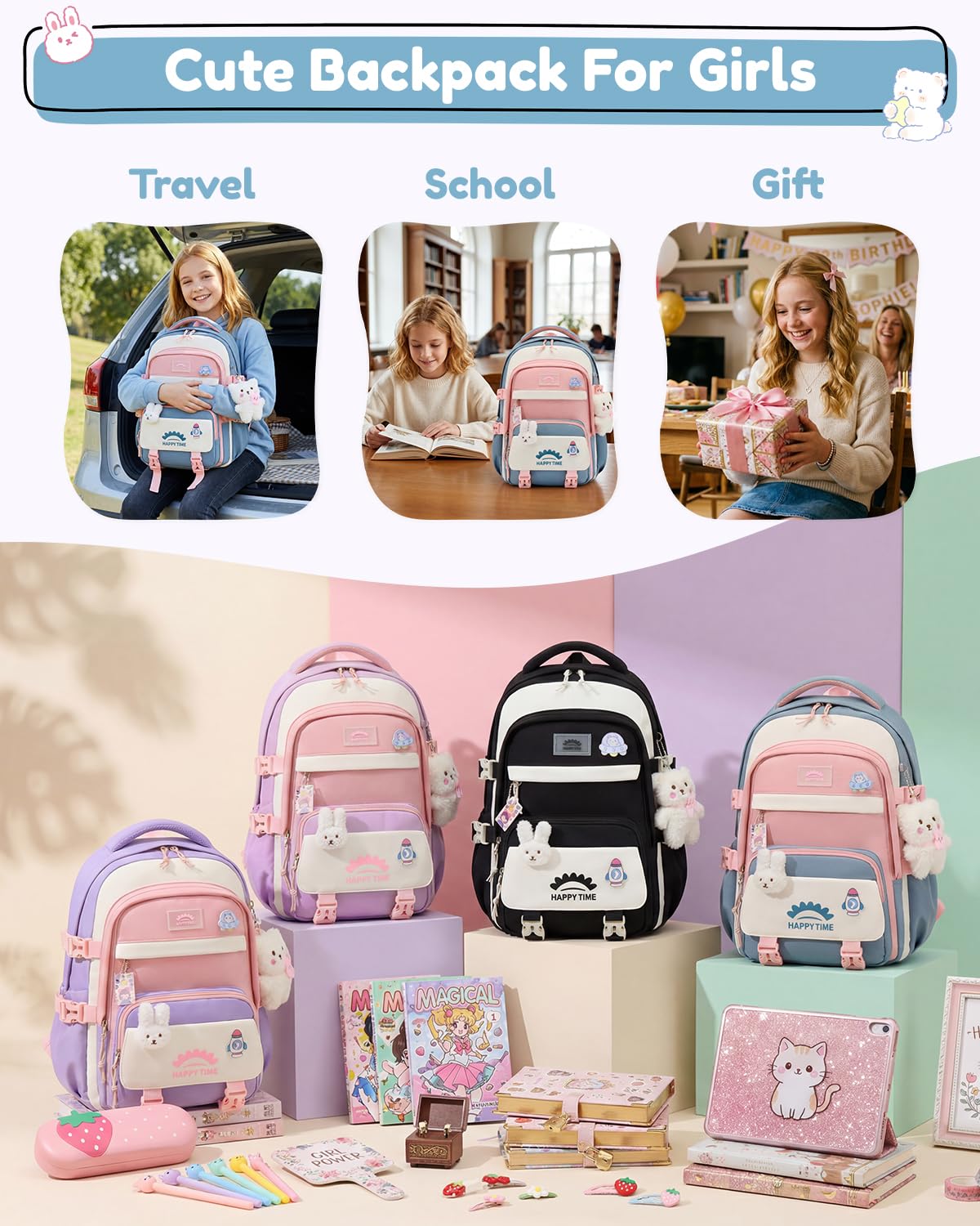 Tanou Cartable Fille Primaire, 20L Sac a Dos Fille Kawaii avec Pendentif | Sacs Scolaires Léger et Imperméable en Nylon pour Enfants de 8 à 14 ans, Bleu
