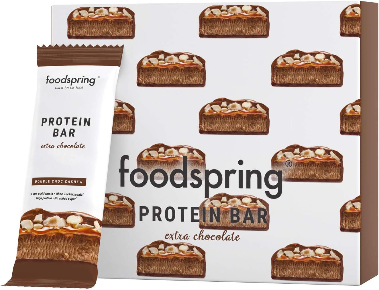 foodspring Protein Bar Extra Chocolate, 12-Pack, Doube Chocolate Cashew, The perfect high-protein snack with real chocolate and less sugar