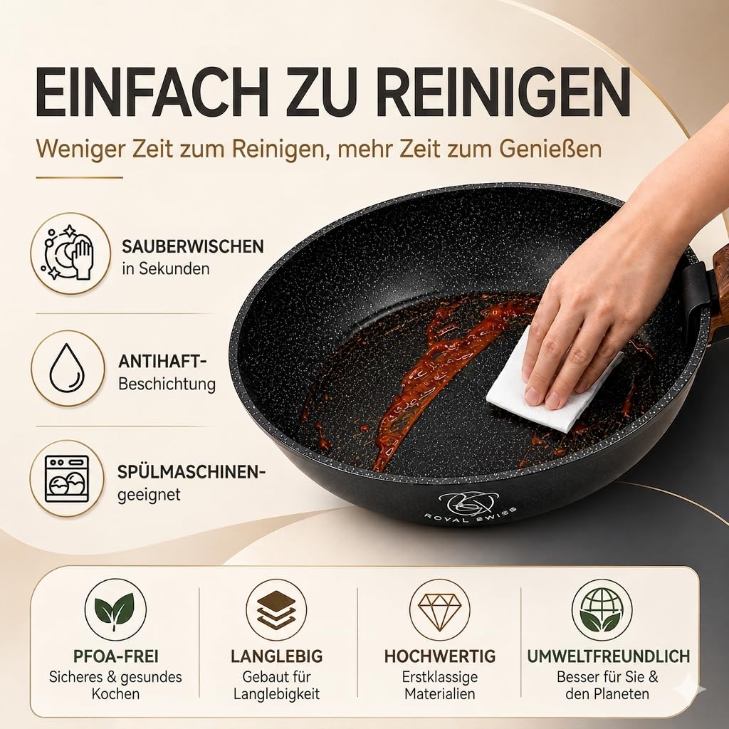 Royal Swiss PFAS-Freies 3-Teiliges Bratpfannenset für Gesundes Kochen, Aluminium Antihaft Space-Saving Pfannenset Abnehmbarer Griff - Induktions- & Ofenfest, Stapelbares Design, Schwarz