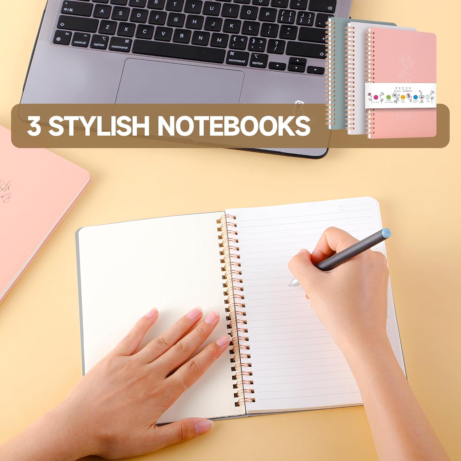 Spiral Notebook 3 Pack - 100GSM Smooth No-Bleed Paper,120 Pages A5 8.26x5.7 Inch, 7mm Ruled Pages, Inner Pocket | Journal Writing, College, Office Meetings (BEIGE AND GREEN AND APRICOT) - Image 5